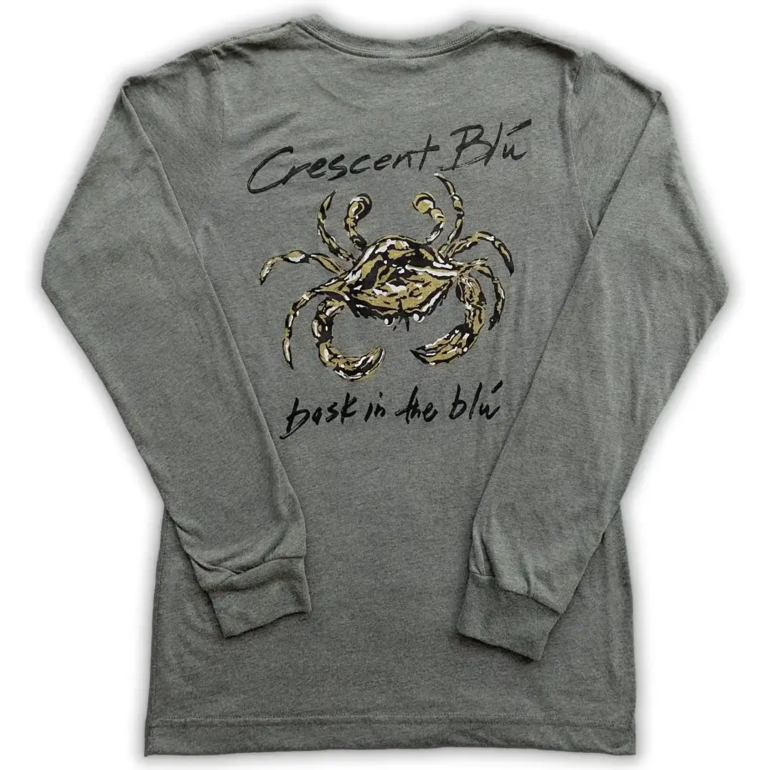 A gray long-sleeve shirt with a black and gold crab on the back
