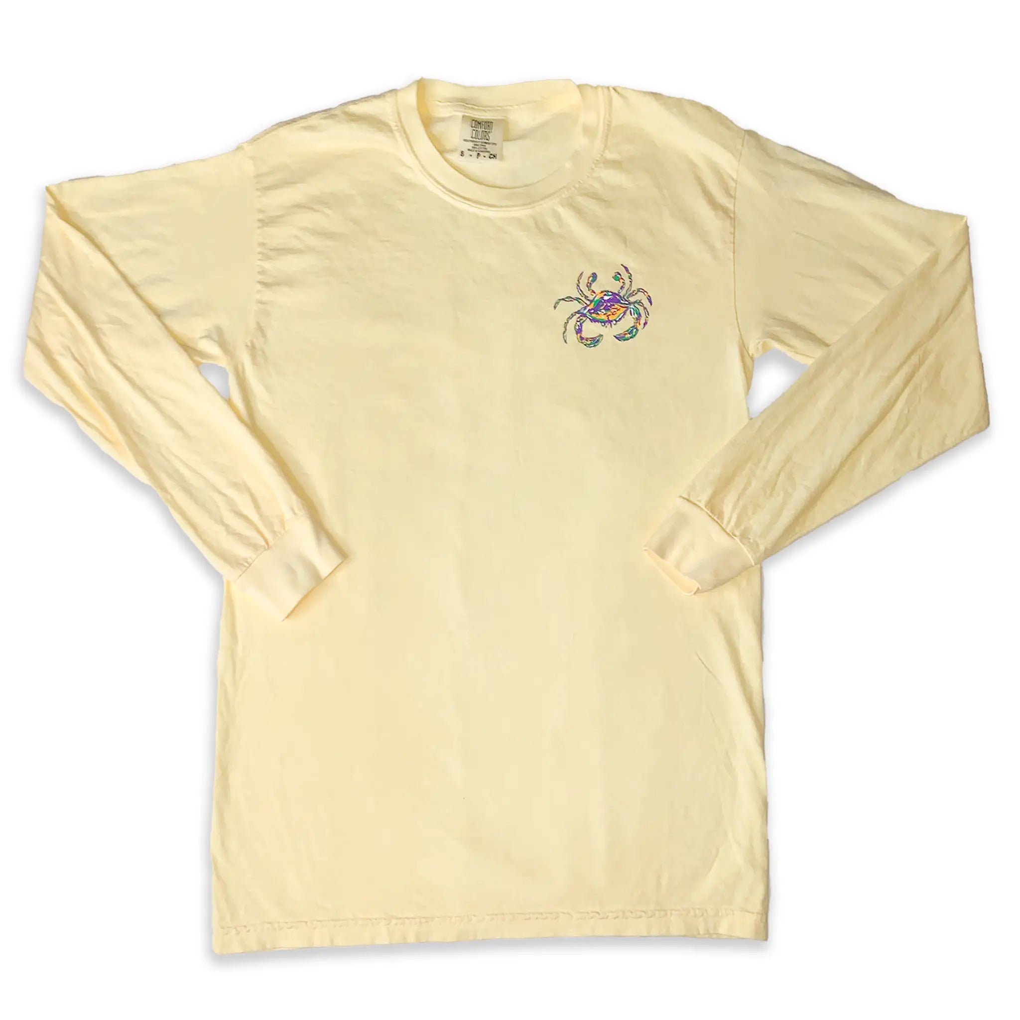 Soft yellow long sleeve shirt with a Mardi Gras Crab on the left chest.
