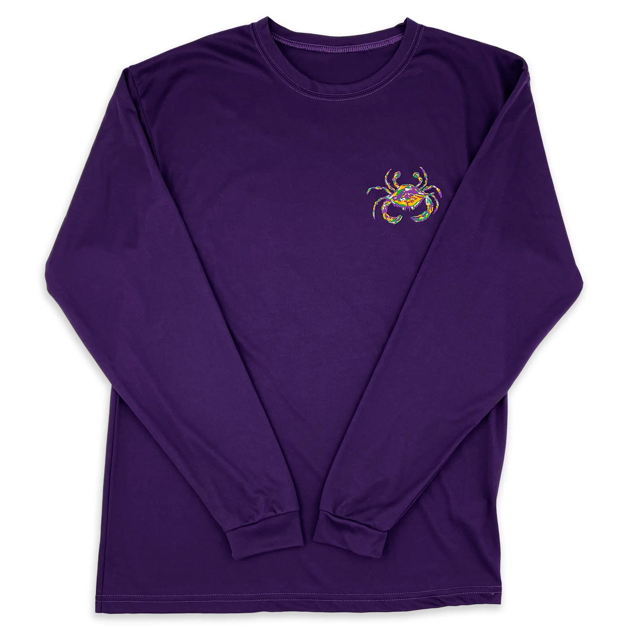 The front of a royal purple Mardi Gras shirt with a crab on the left chest.