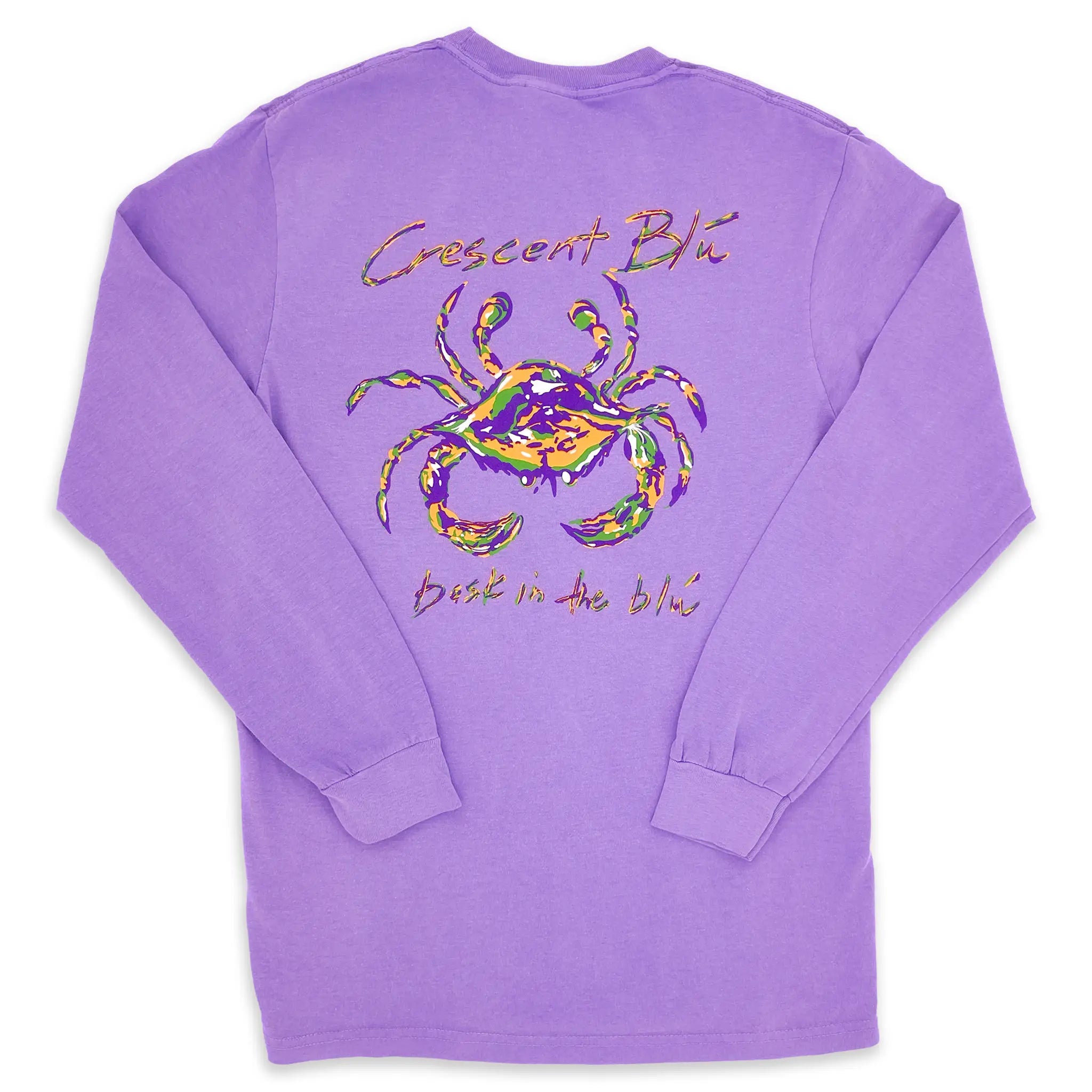 A Mardi Gras Crab print on the back of a Violet long sleet tee with ribbed cuffs on the sleeves.