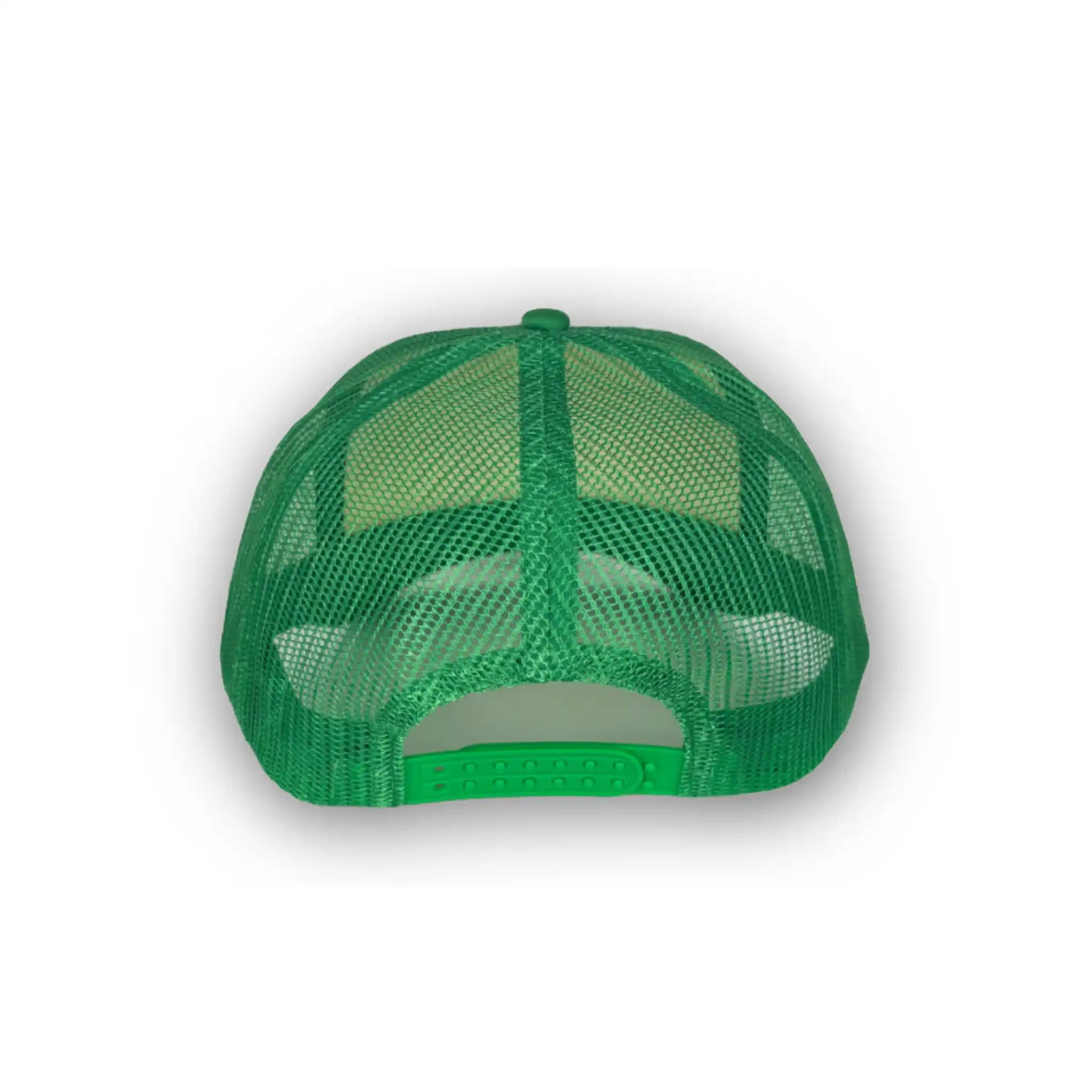 Back view of Mardi Gras crab trucker hat showing green mesh and snapback closure