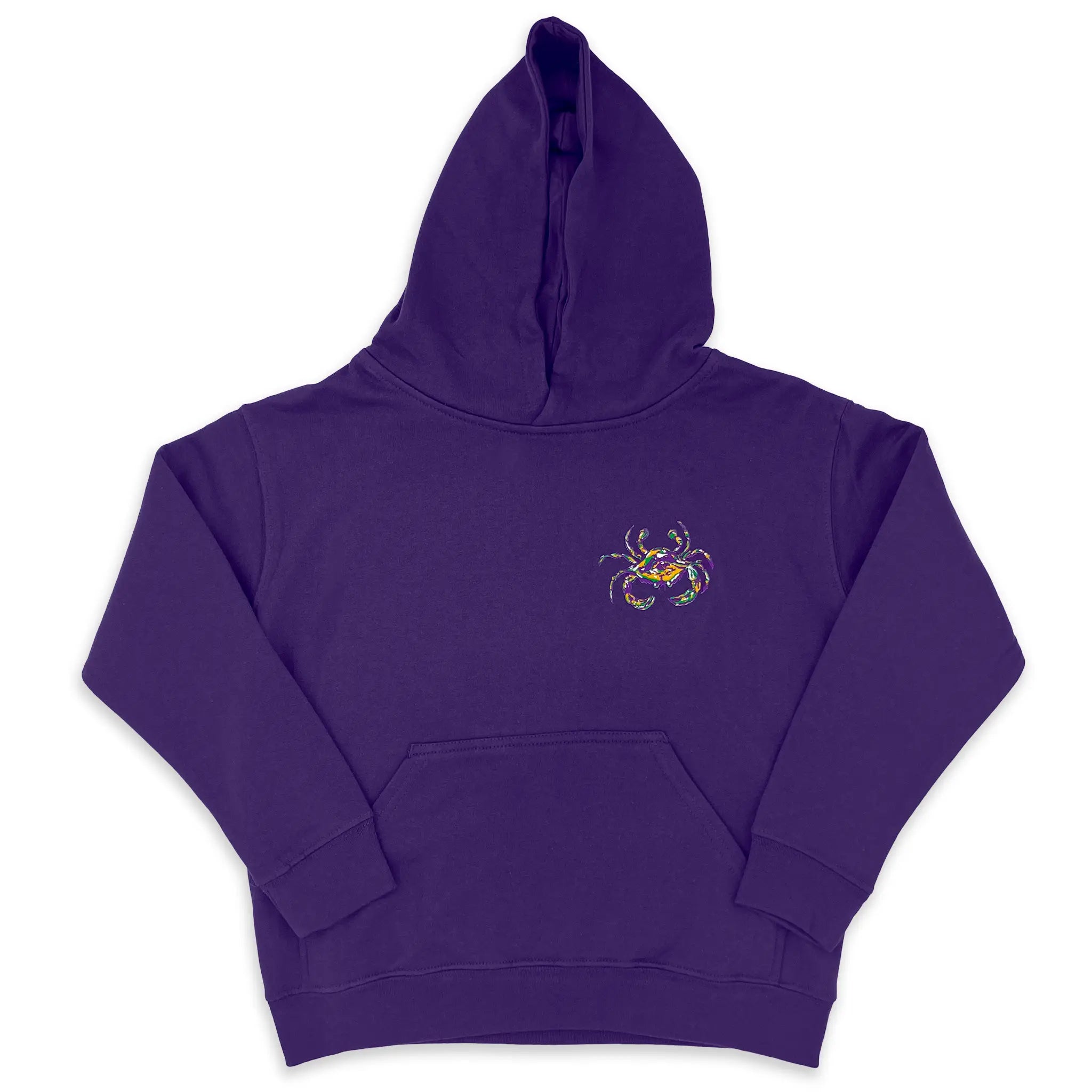 A kids purple Mardi Gras sweatshirt with a hood and a Mardi Gras Crab on the left chest.