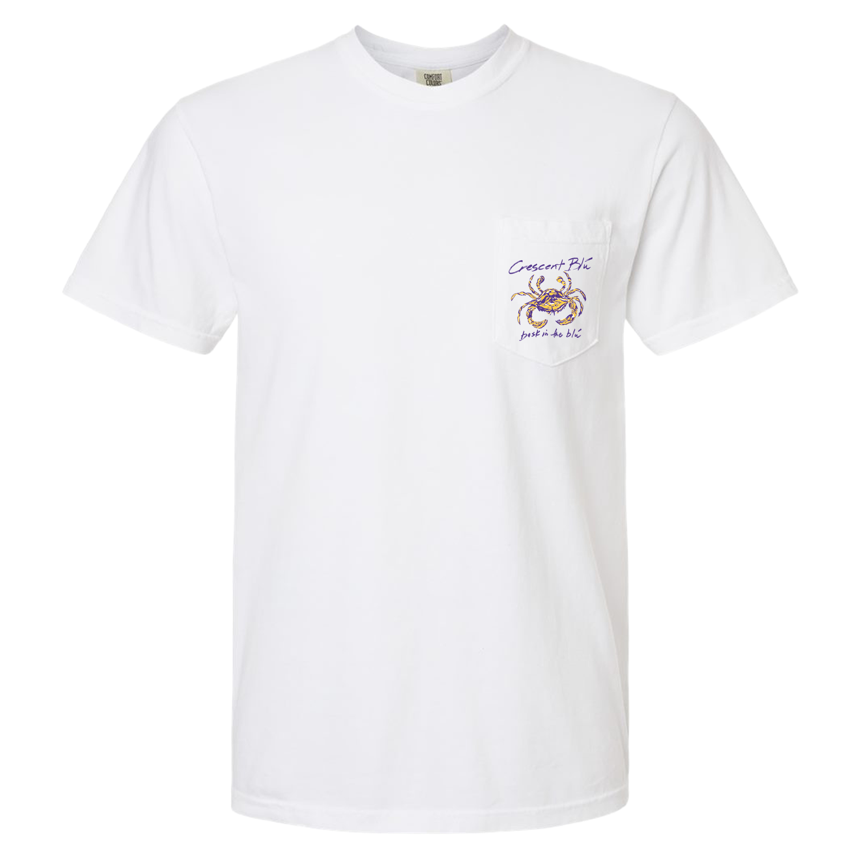 White t-shirt with a purple and gold crab on the packet.