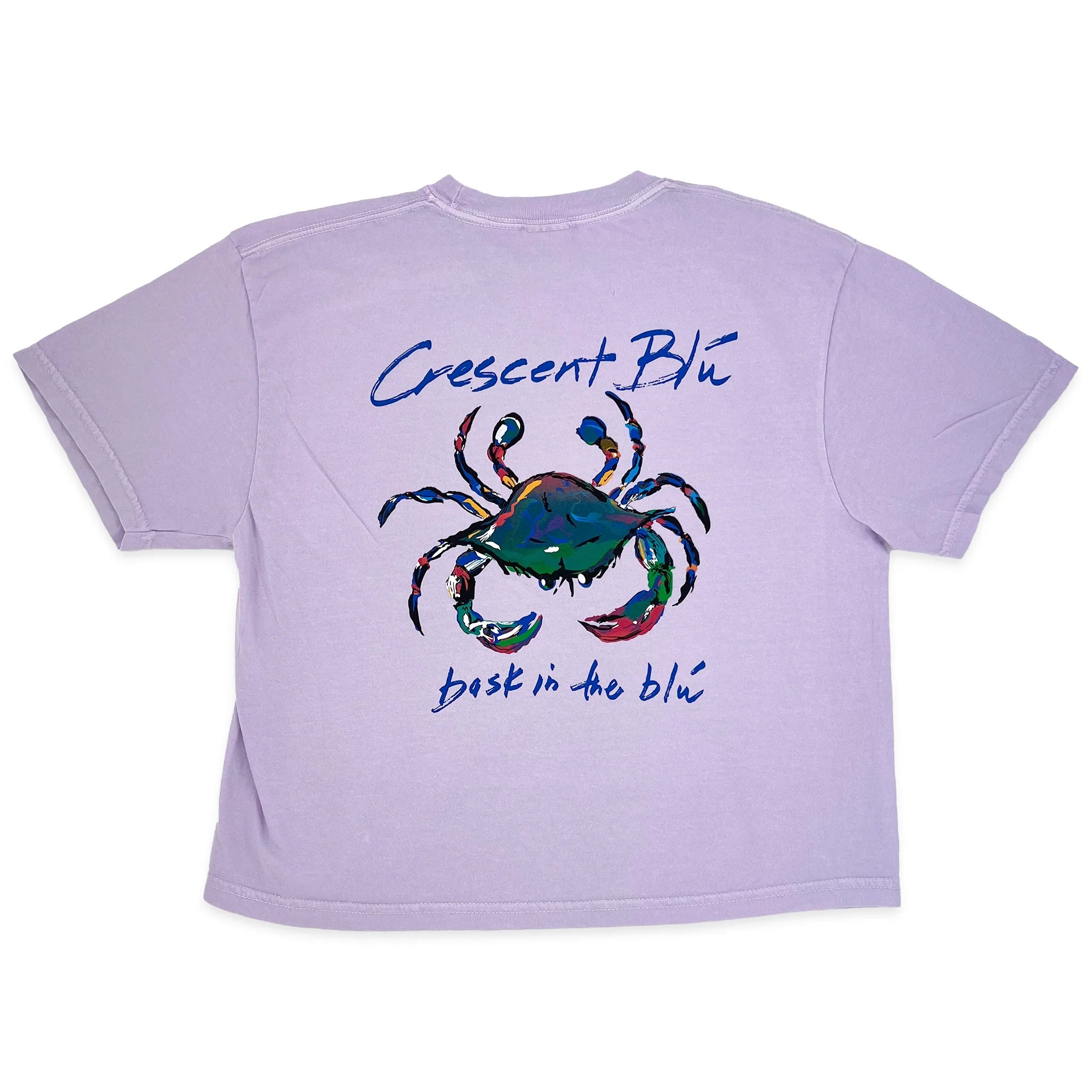The back of a slightly cropped womens t-shirt with large multicolored Crescent Blu logo and Bask in the Blu tagline.