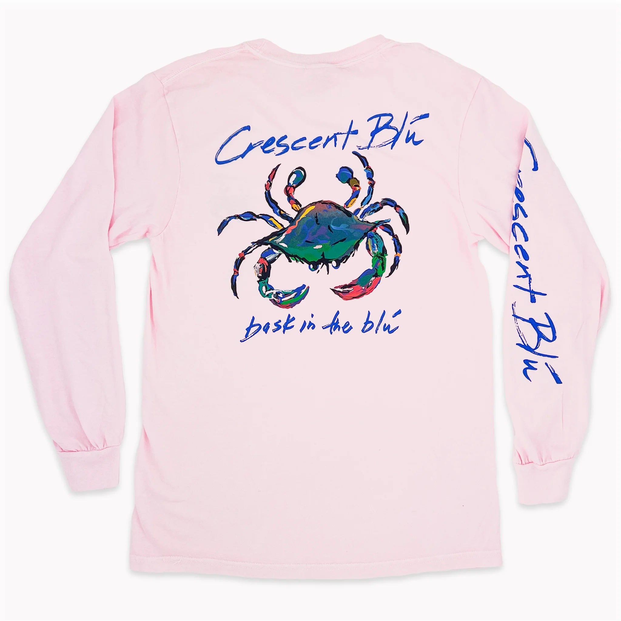 The back of a blossom pink Crescent Blu long sleeve t-shirt.