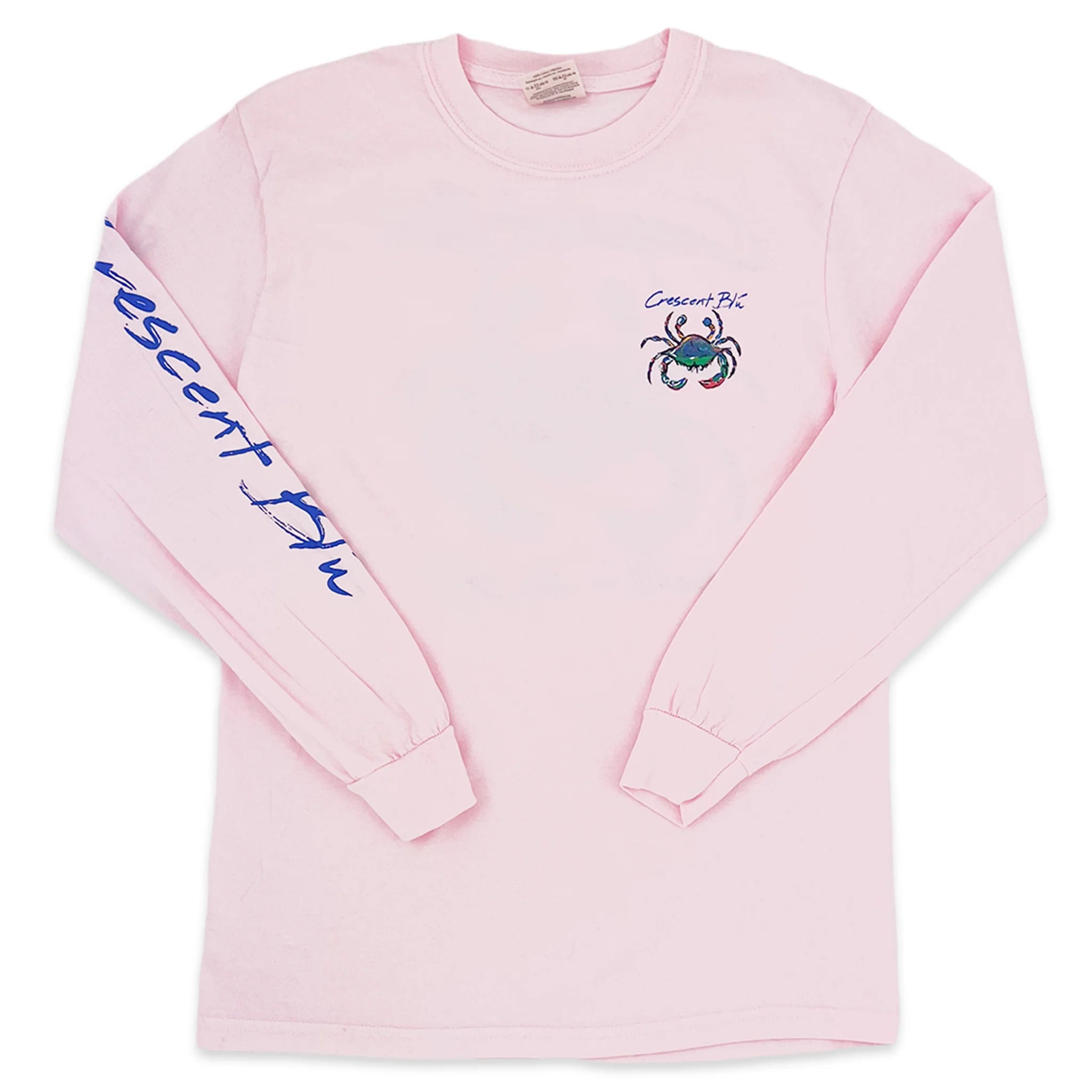 A pink long sleeve Crescent Blu long sleeve tee with Crescent Blue written on the right sleeve and a crab on the left chest.
