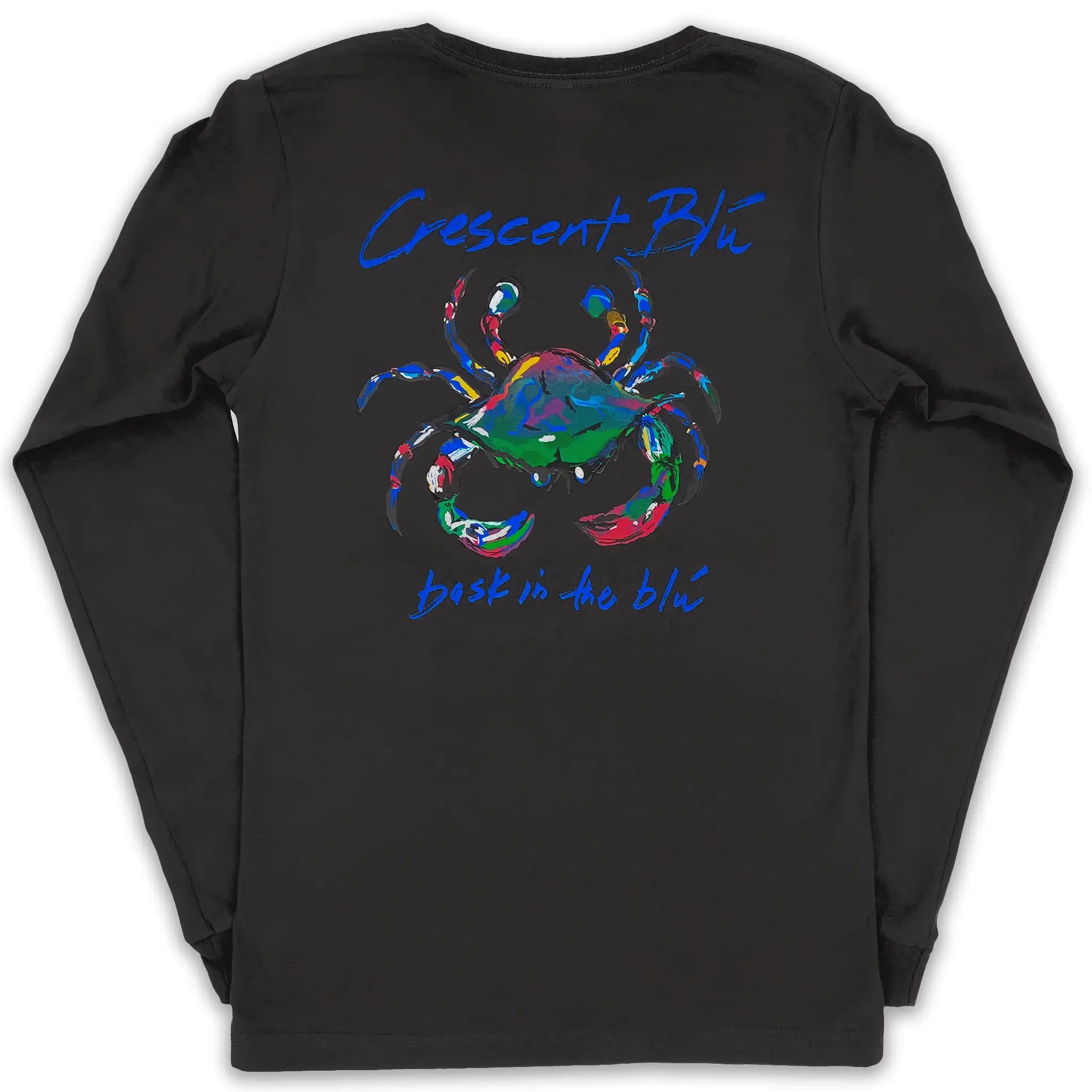 Crescent Blu's color crab logo on the back of a long sleeve dark grey t-shirt.