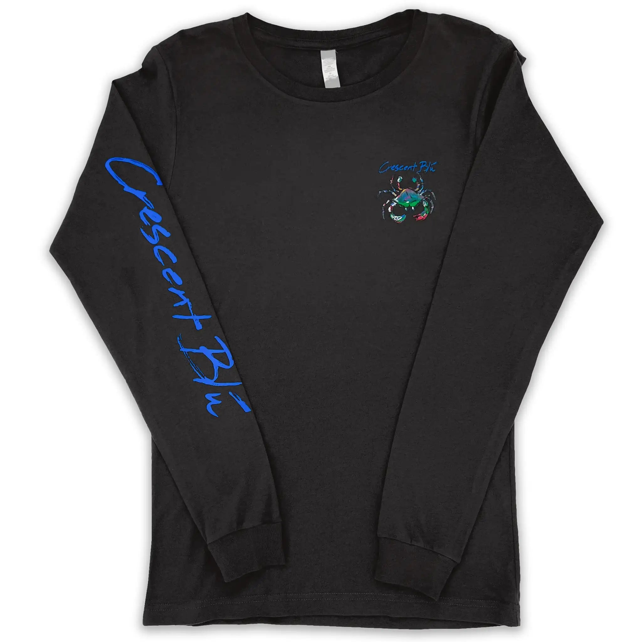 A dark grey long sleeve t-shirt with Crescent Blu written on the sleeve and a blue crab on the front.
