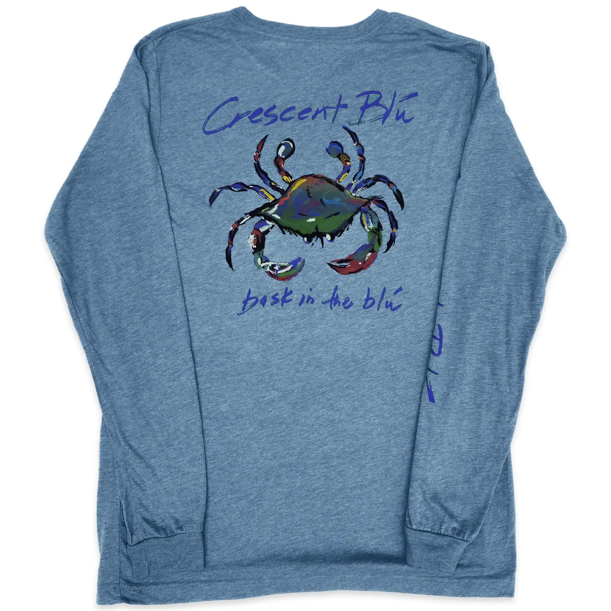 A denim blue long sleeve adult sized t-shirt with the Crescent Blu logo on the back.