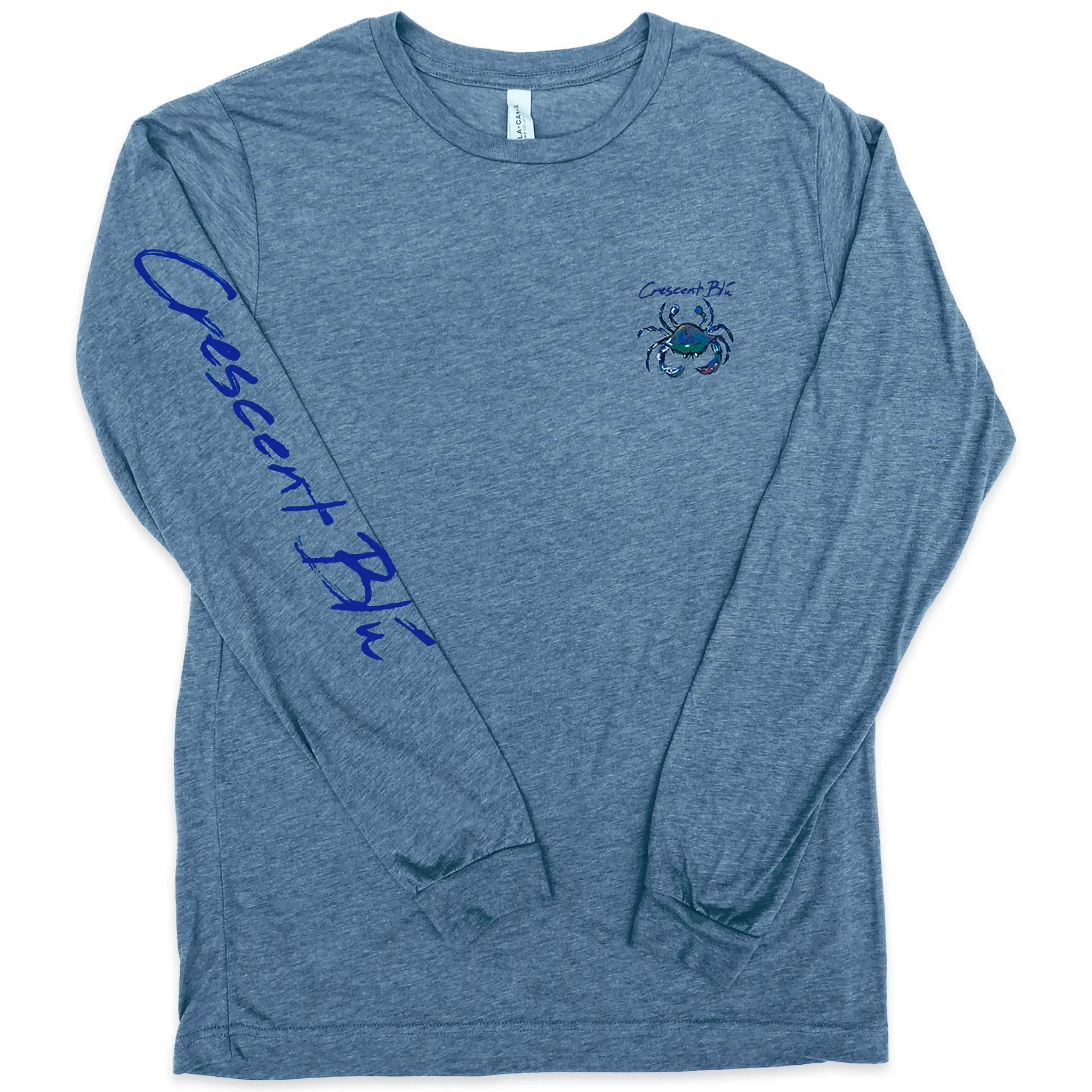 A long sleeve Crescent Blu t-shirt with a blue crab on the front and Crescent Blu written on a sleeve.
