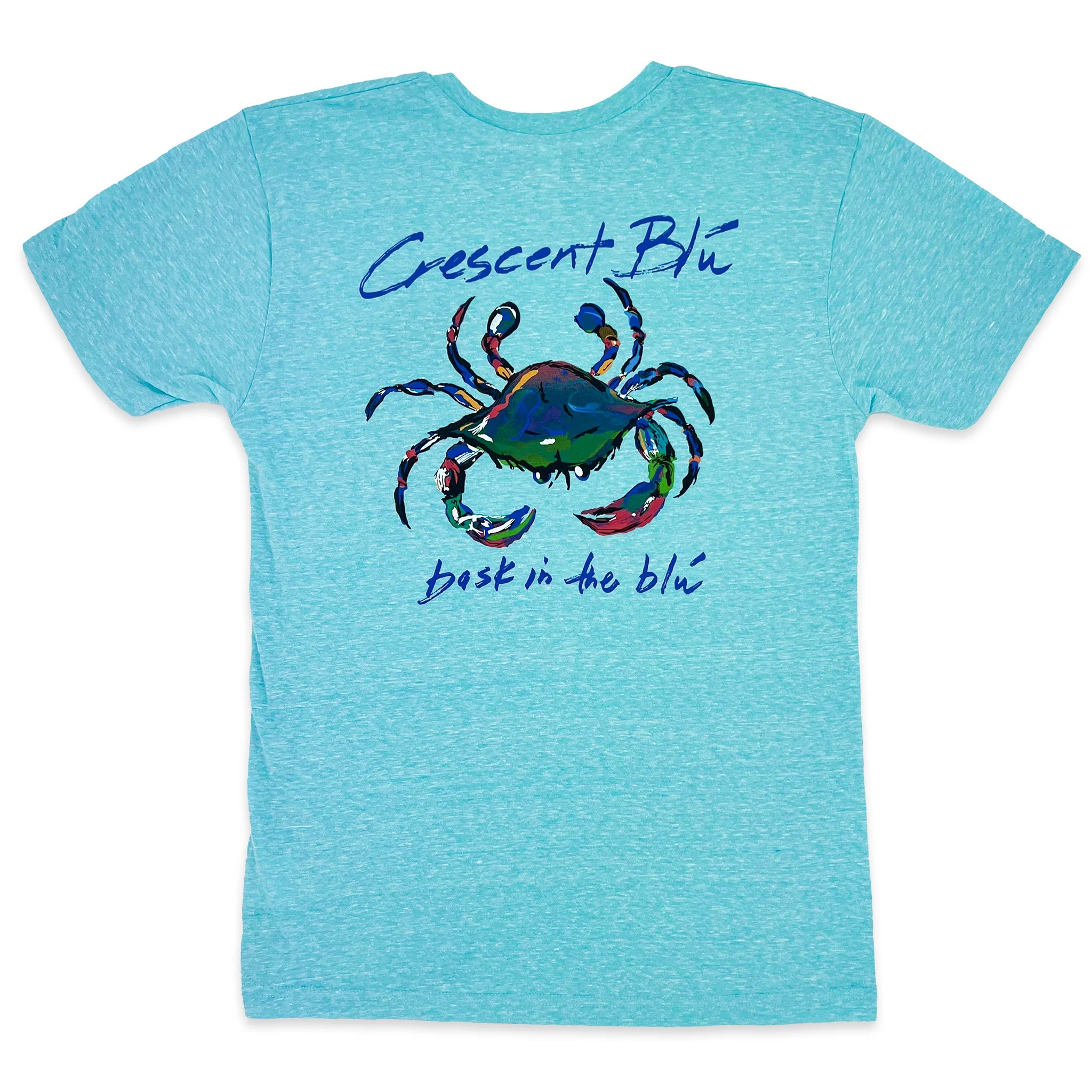 Back view of short sleeve adult Crescent Blu multi-colored crab logo with Crescent Blu and Bask in the Blu printed above and below.