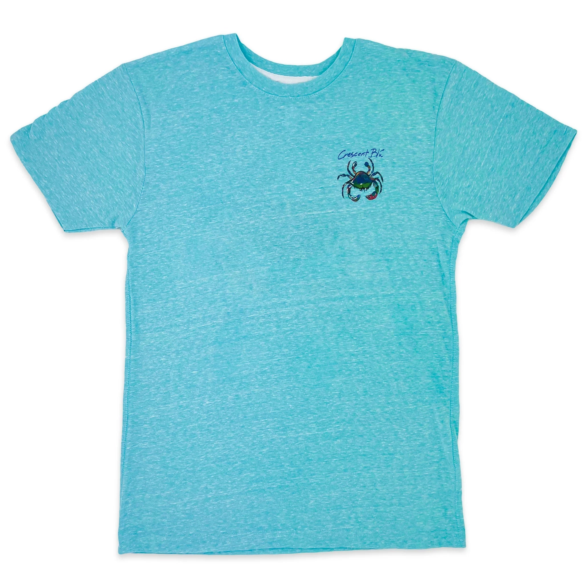 Front view of an adult short sleeve tee with Crescent Blu and a multi-colored crab logo on front left chest.