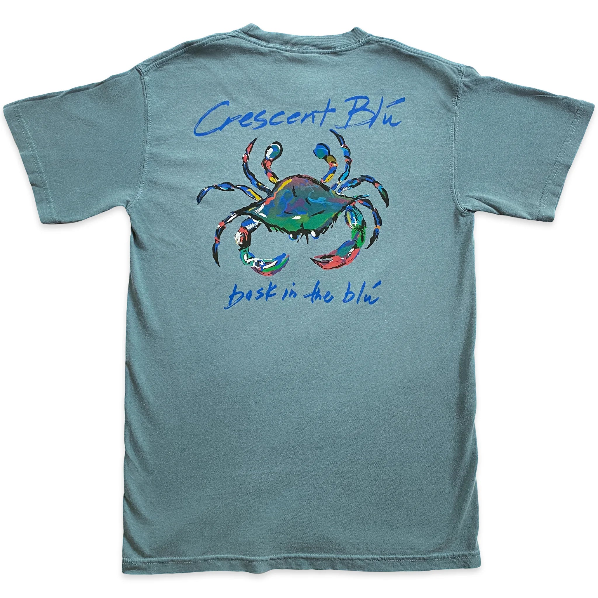 The back of an adult short sleeve t-shirt with a large screen print of multi-colored crab in the center.