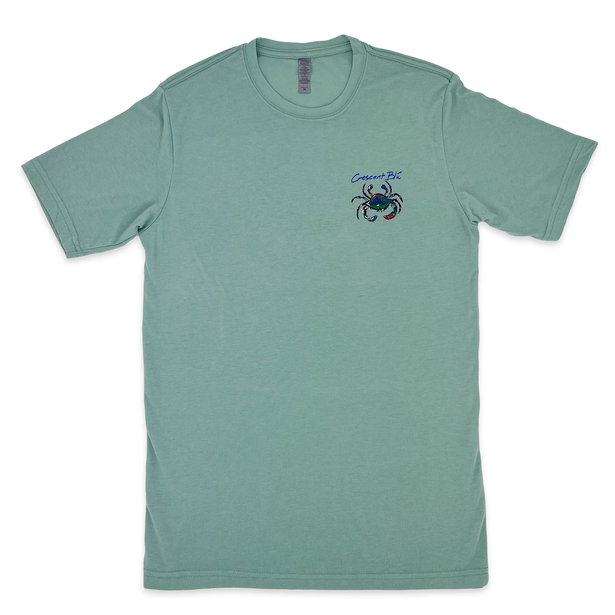 View of front of Stonewashed green adult short sleeve tee with multi-colored Crescent Blu crab logo on front left chest