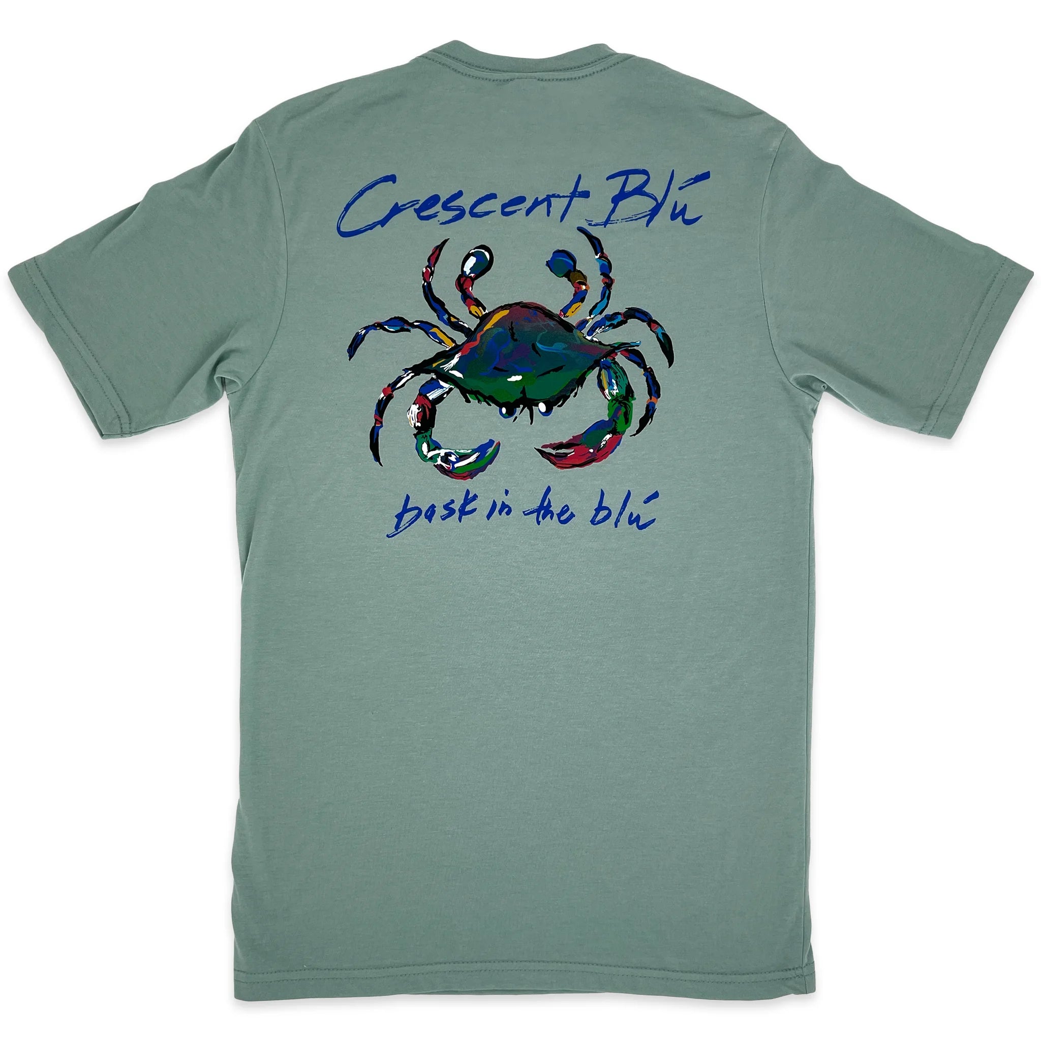 Back view of adult short sleeve Crescent Blu t-shirt with multi-colored Crescent Blu Signature crab logo printed large. Stonewashed Green colored shirt.