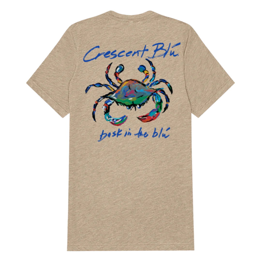 The back of a brown triblend tee with a colorful blue crab on the back.