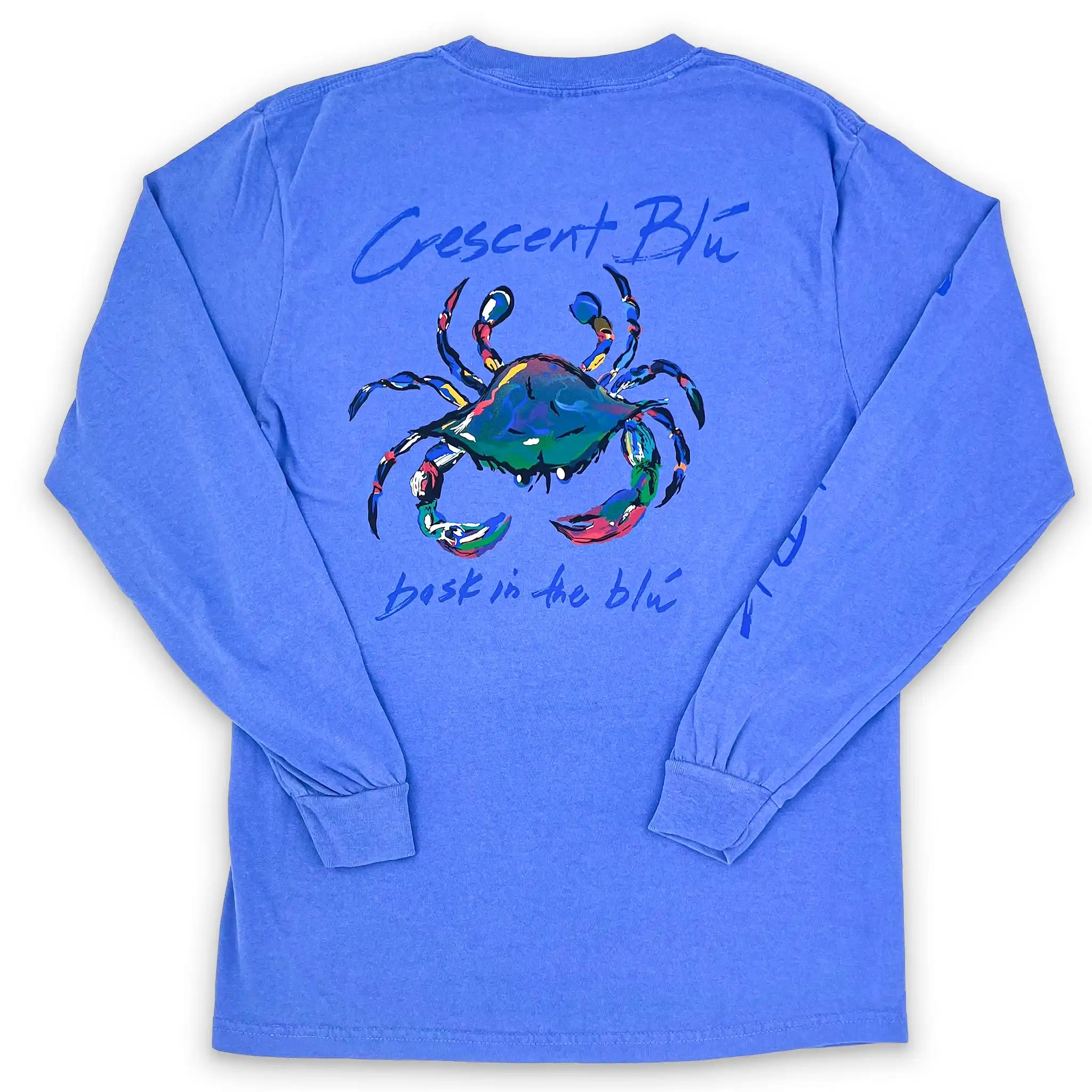 The back of a flo blue long sleeve t-shirt with Crescent Blu's Signature Crab logo centered on the back.