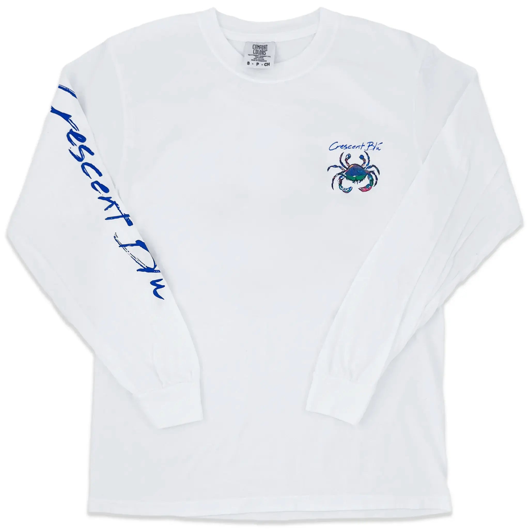 A colorful blue crab on the front of a white t-shirt with long sleeves.