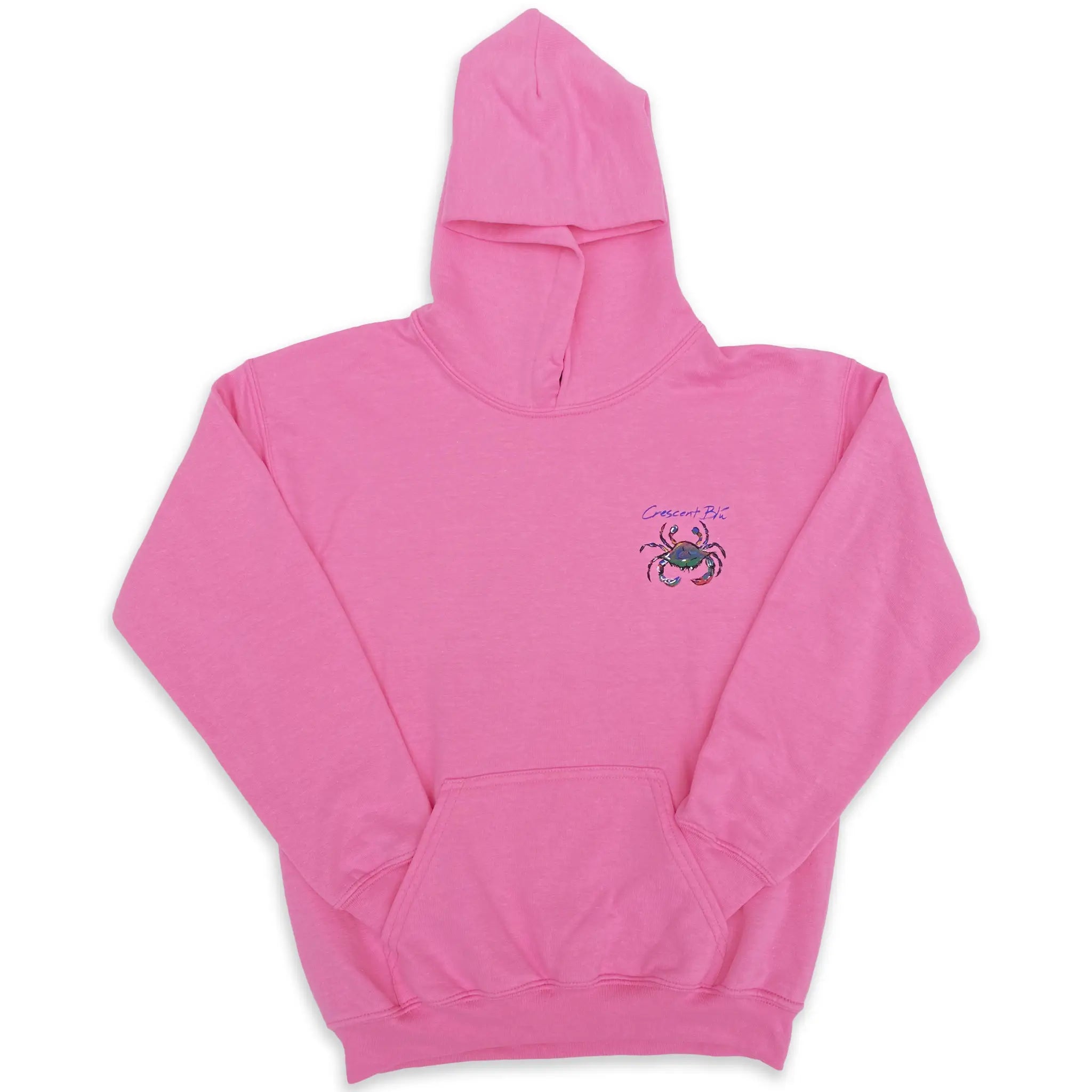 Front view of youth sweatshirt hoodie in pink azalea with the Crescent Blu multicolored Signature Crab logo on the upper left chest