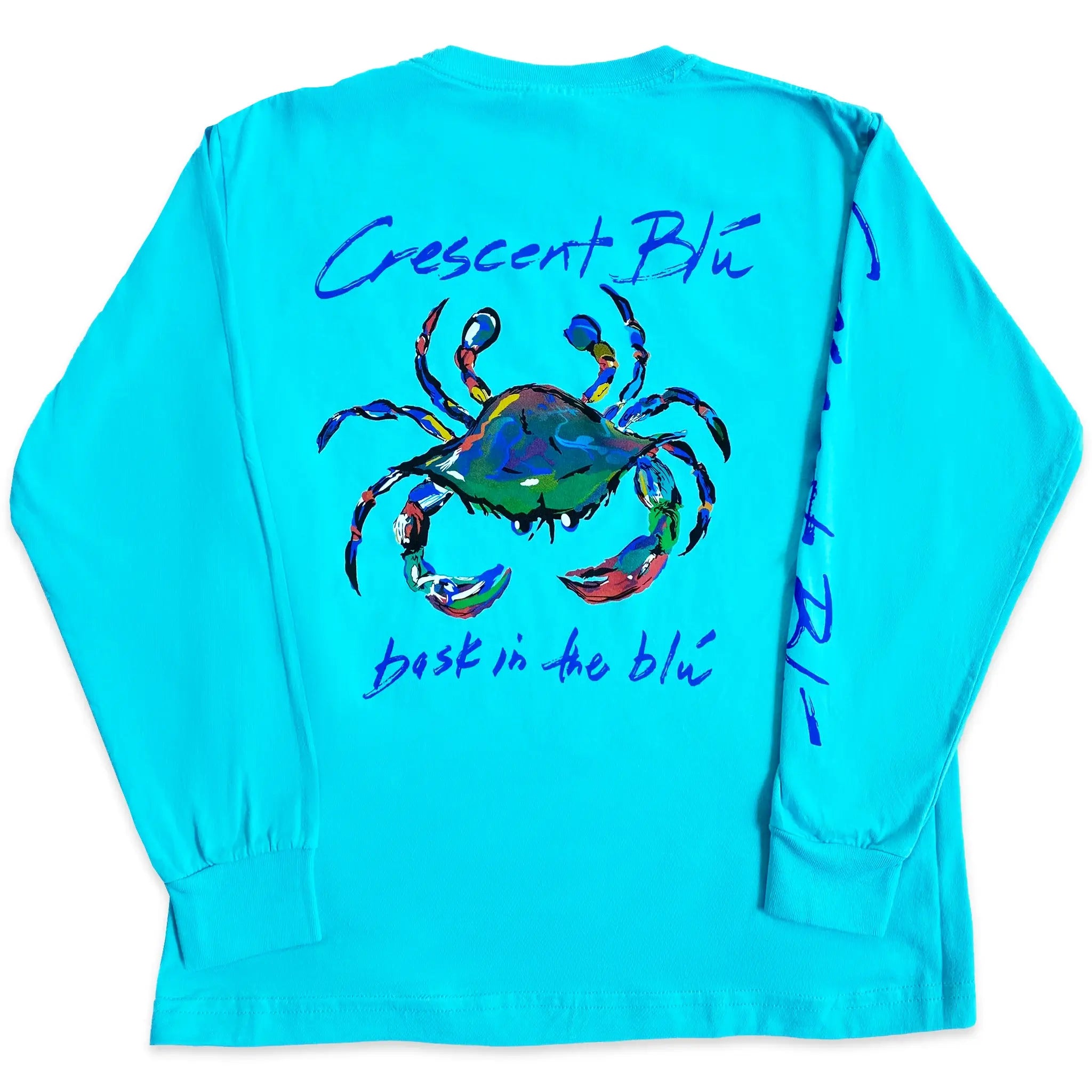 Crescent Blu's Signature Crab logo centered on the back of a lagoon blue long sleeve t-shirt.