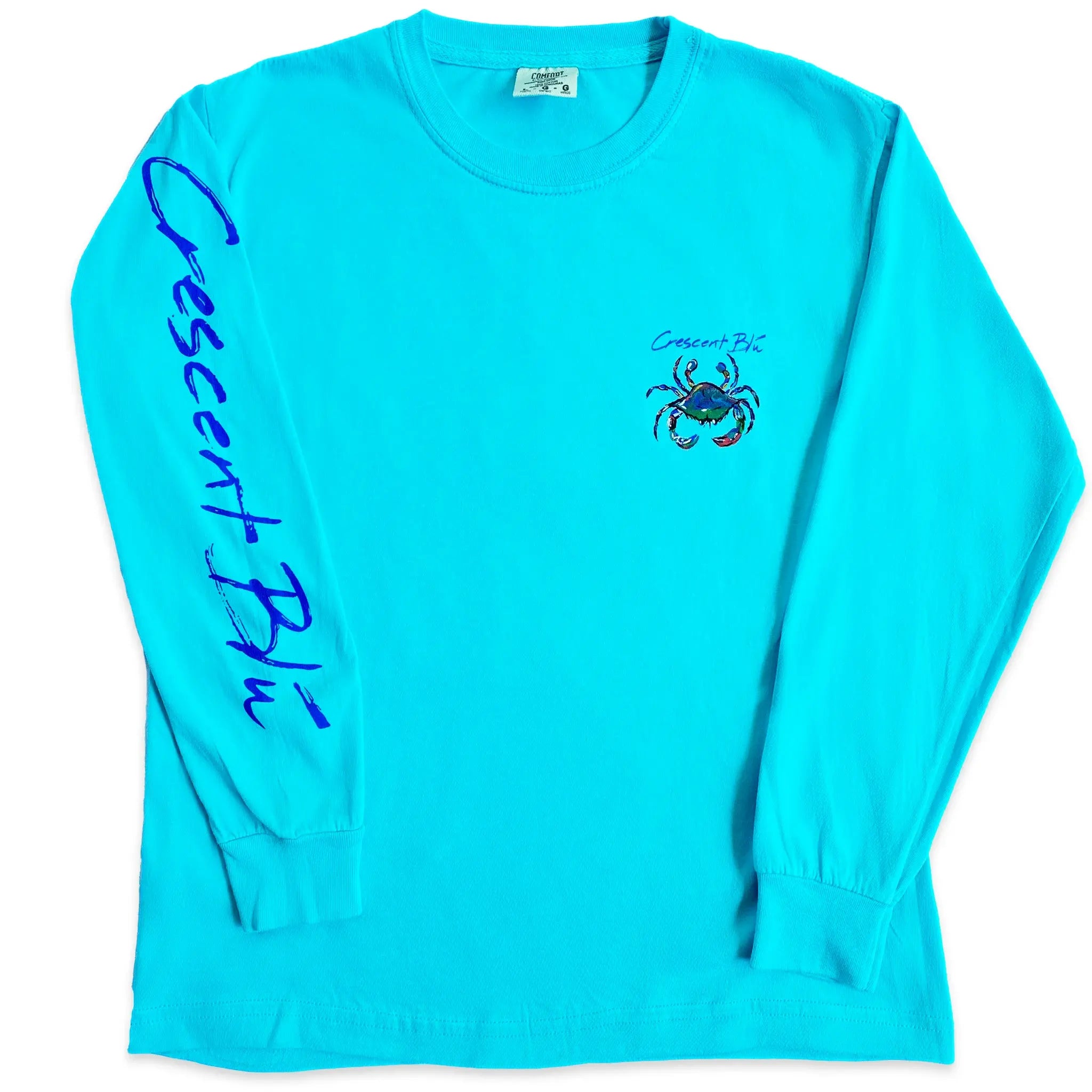 The front of a lagoon blue long sleeve  Crescent Blu t-shirt.