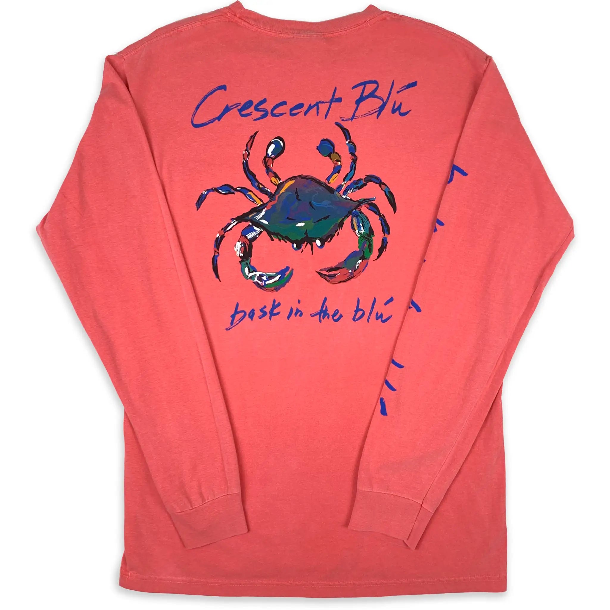 Watermelon colored adult long sleeve t-shirt with large multi-colored Crescent Blu Signature Crab logo on the back.
