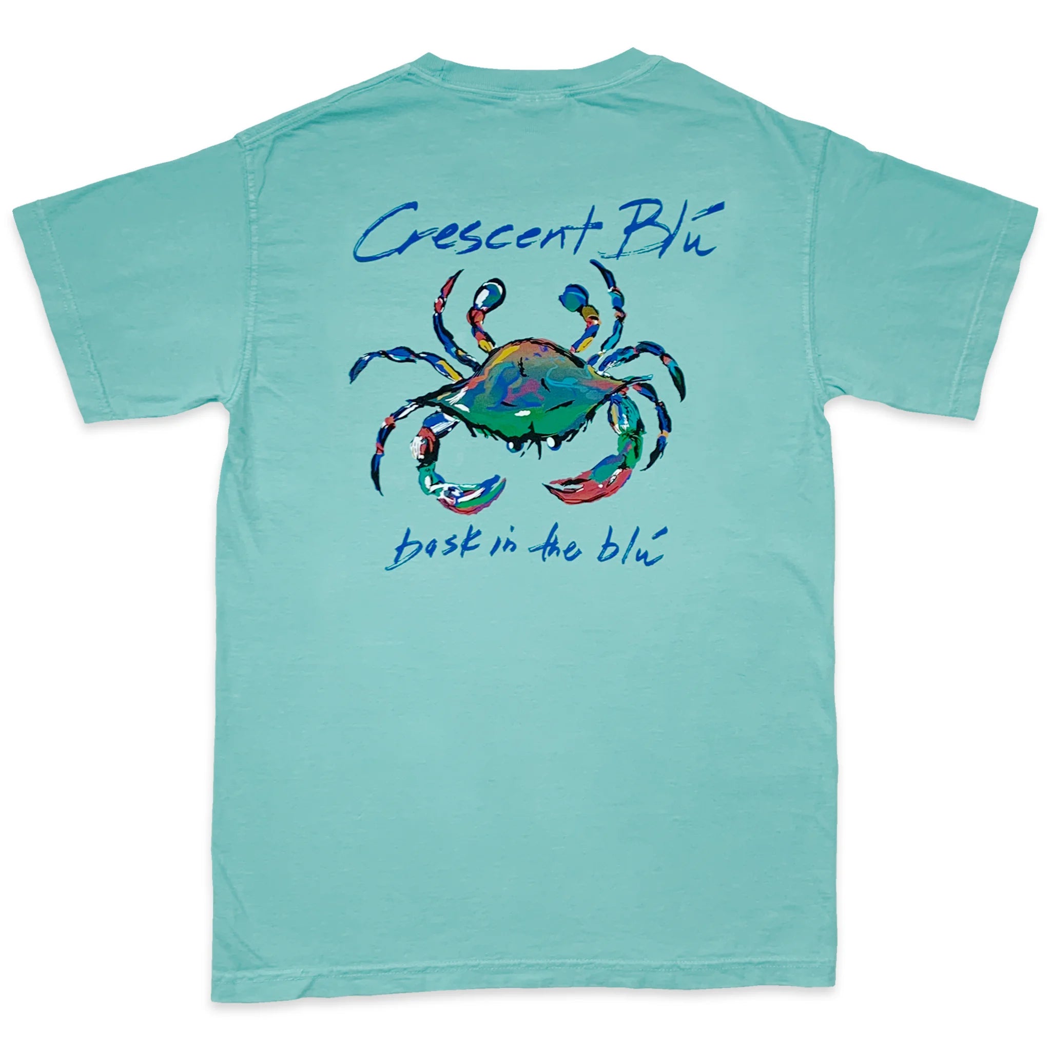 The back of a chalky mint comfort colors shirt with the crescent blu logo on the back.