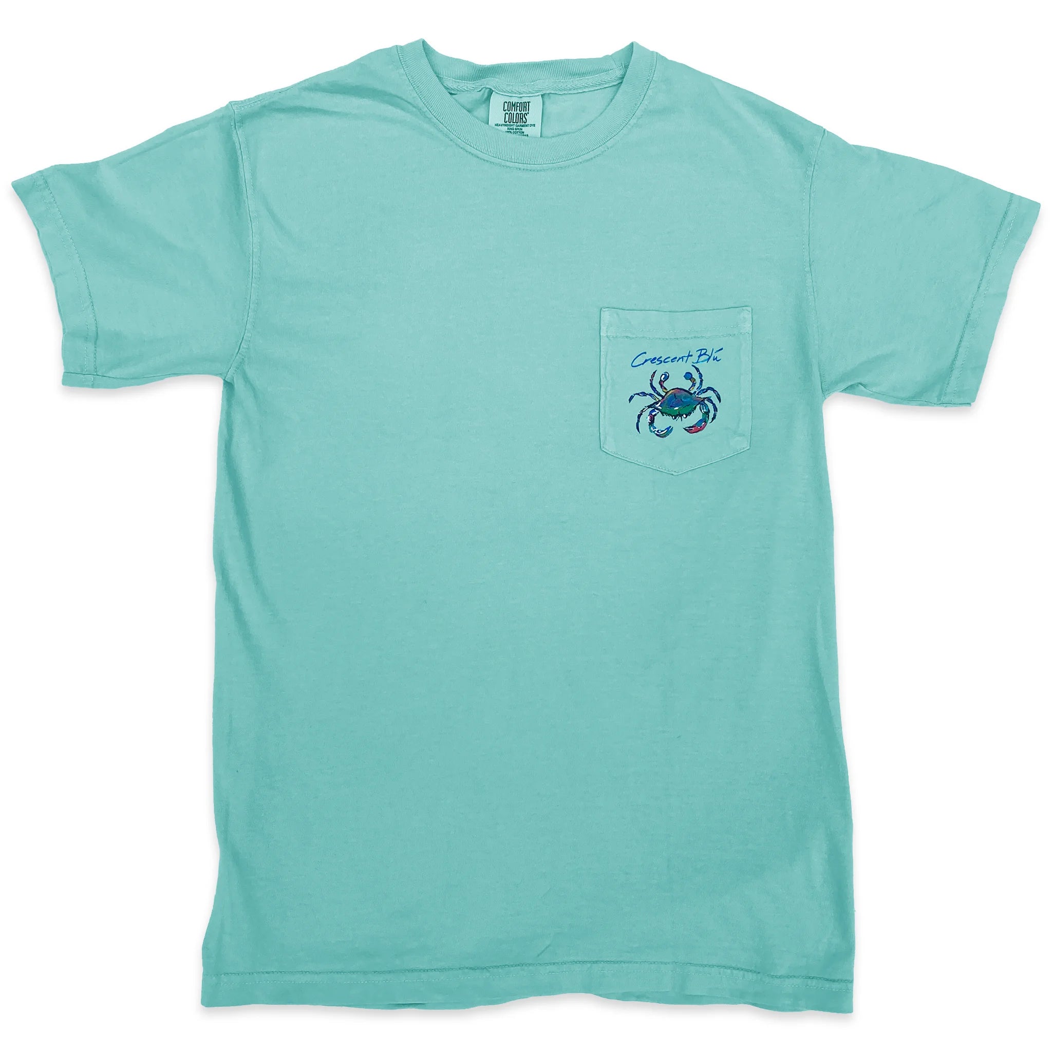 A pastel chalky mint pocket tee with a crewneck, short sleeves, with a carb on the pocket.