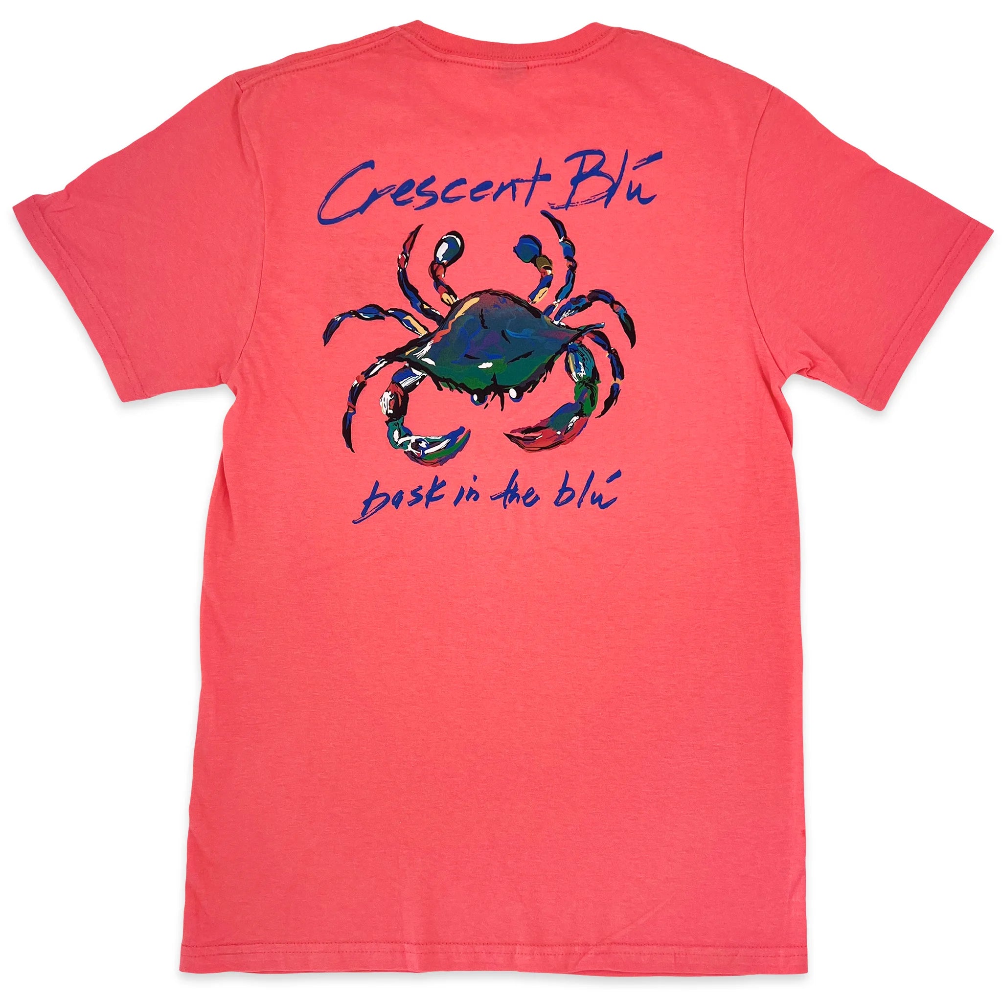 The back of coral silk colored adult short sleeve t-shirt with a large multi-colored blue crab logo in the center and Crescent Blu written above and baskin the in blu written below.