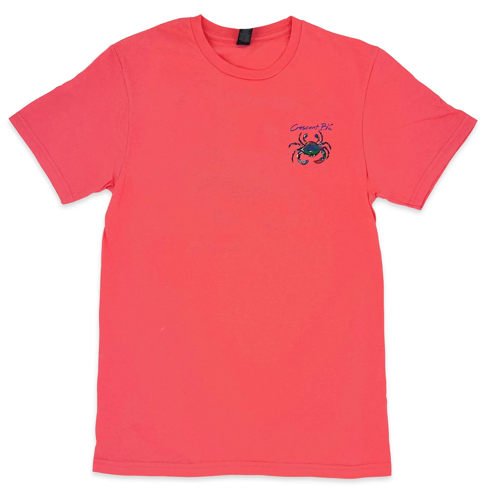 Front view of adult short sleeve coral colored shirt with a multi-colored blue crab on the front left chest.