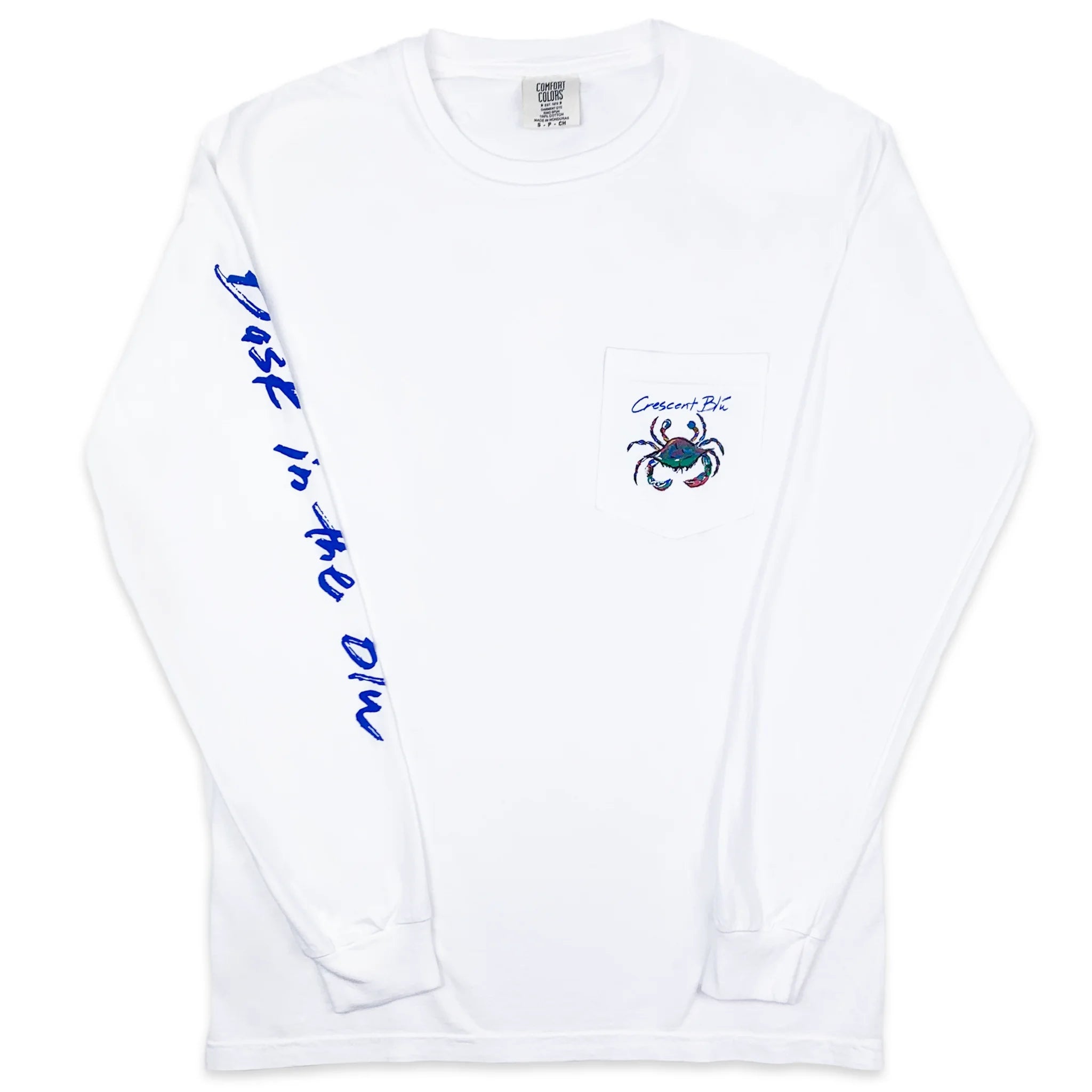 A long sleeve white t-shirt with bask in the blue written on the right sleeve and the Crescent Blu crab logo on the front pocket.