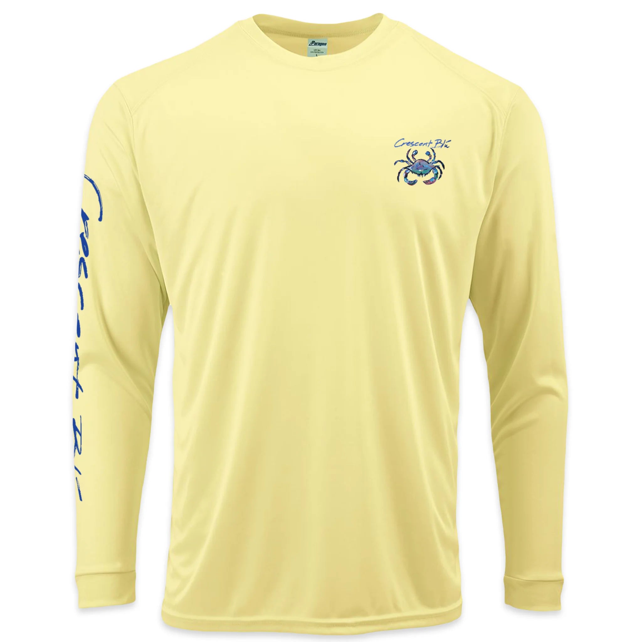 Front view of pale yellow UPF 50+ performance sun shirt with Crescent Blú crab logo on the chest