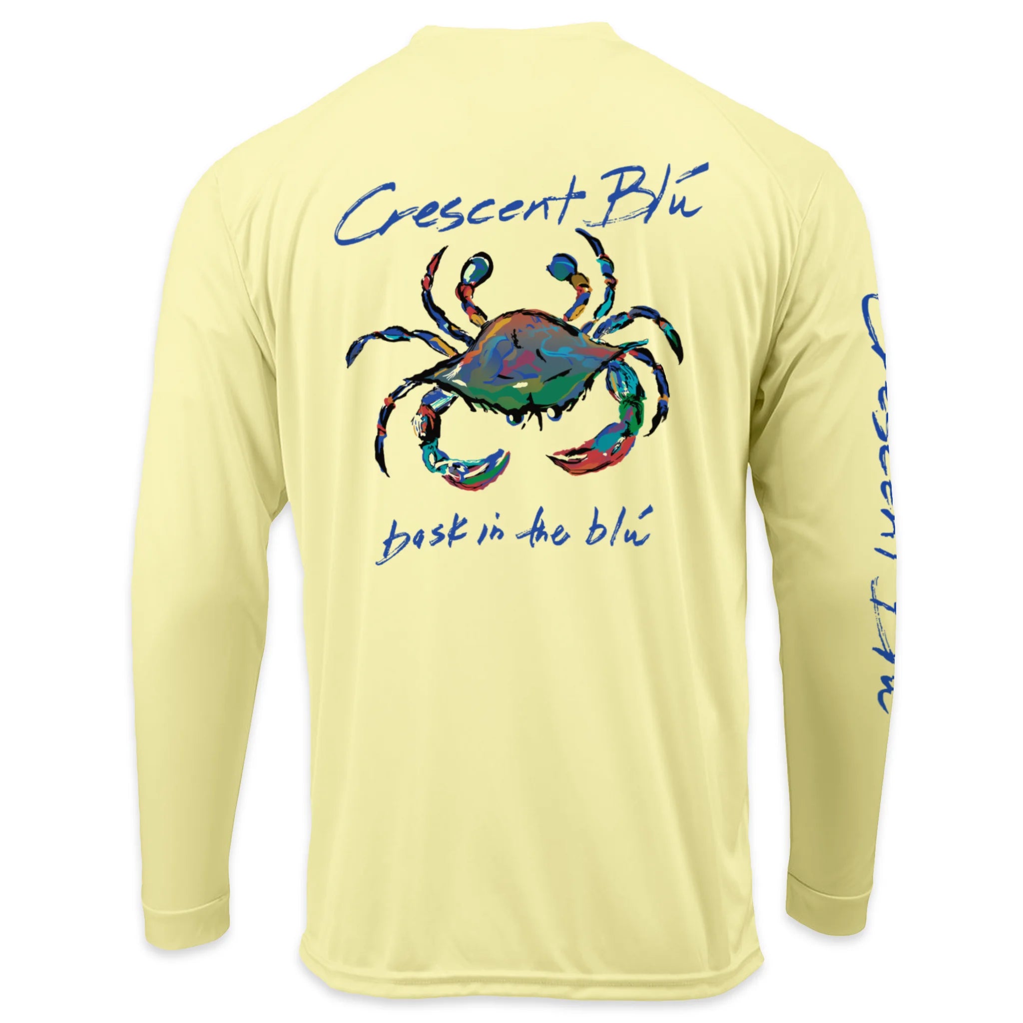 Back of pale yellow long sleeve sun shirt featuring Crescent Blú Signature Crab design