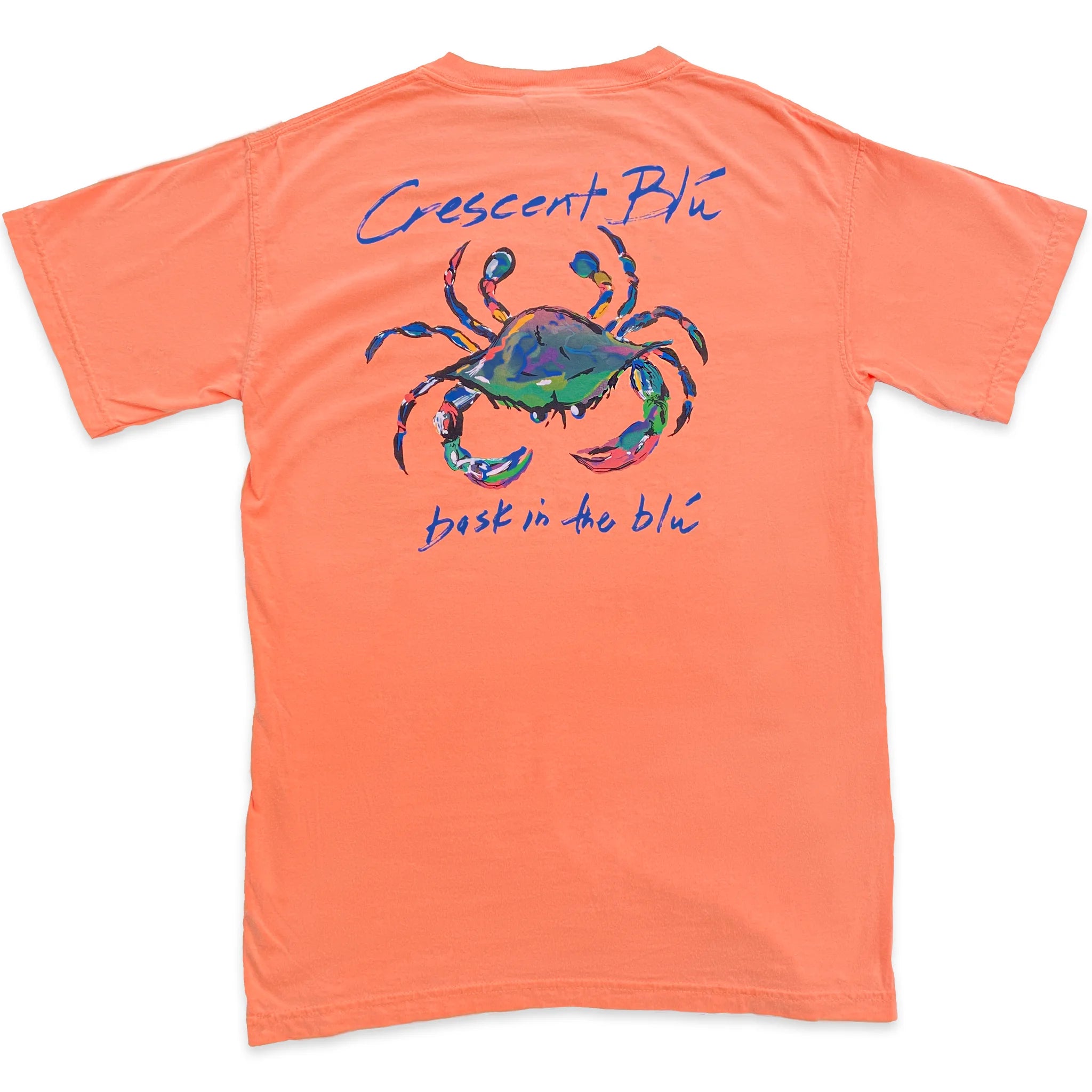 A colorful blue crab on the back of an orange t-shirt.