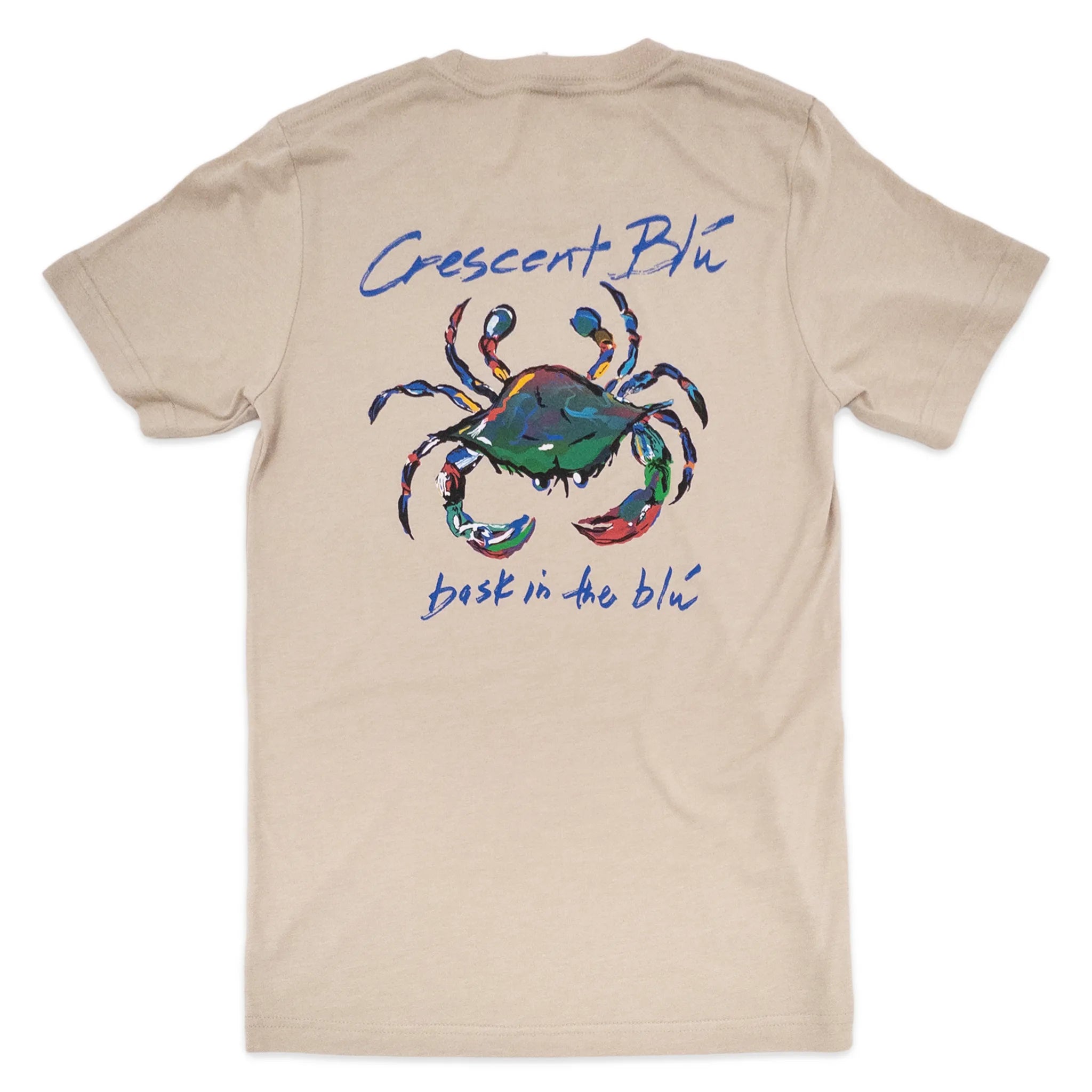 Beige t-shirt with a colorful crab design and 'Crescent Blu' text on a white background