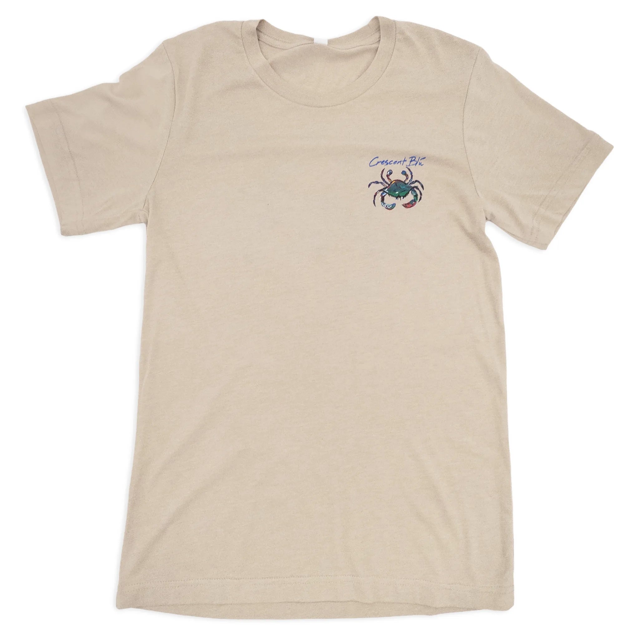 Tan short sleeve tee with the blue crab on the front with Crescent Blu written above it.