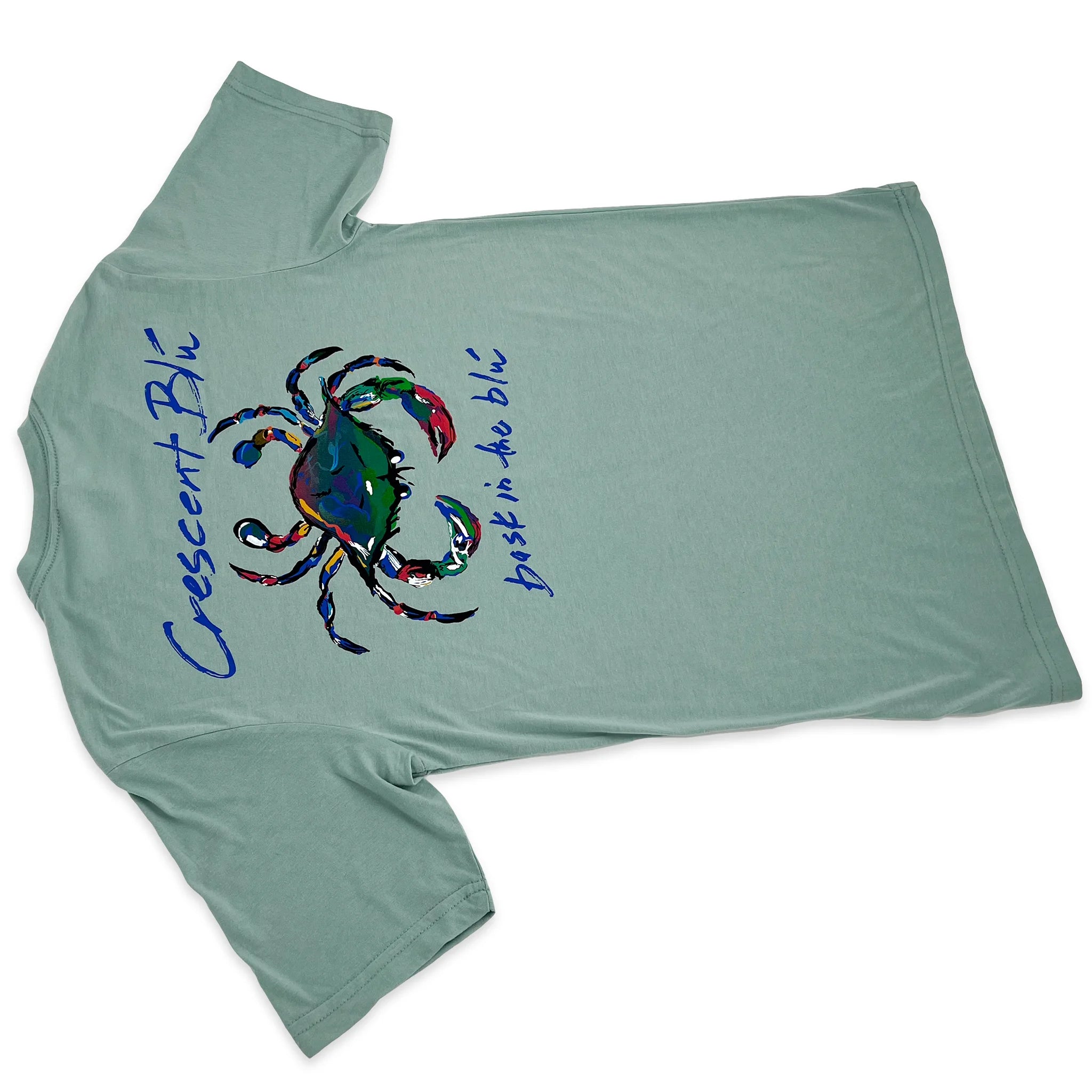 Angled view of Adult short sleeve Crescent Blu t-shirt. View of the back. Stonewash Green color with multi-colored Crescent Blu crab logo shown.