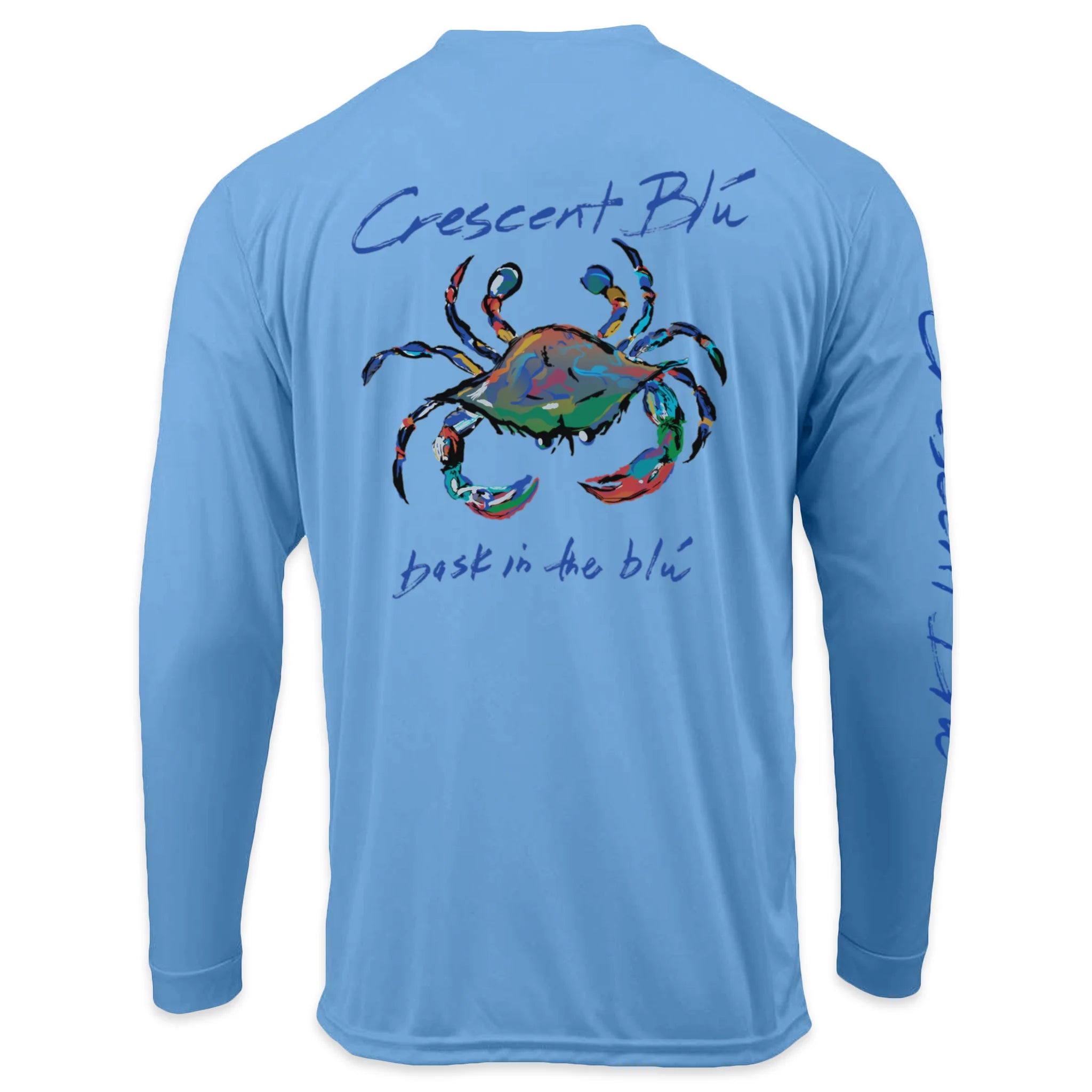 Back of Bimini blue sun shirt showing Signature Crab artwork by Crescent Blú