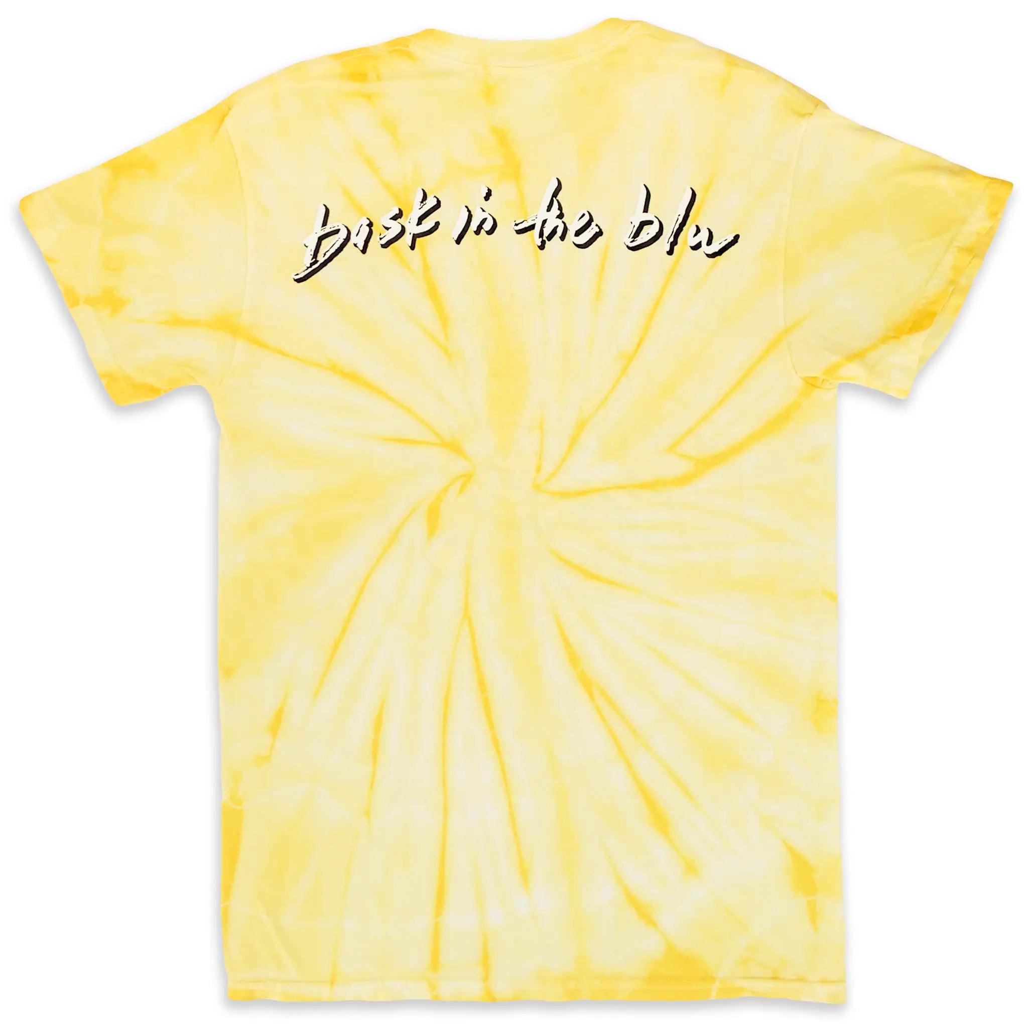 Yellow tie-dye t-shirt with 'bask in the blu' written on the back in white