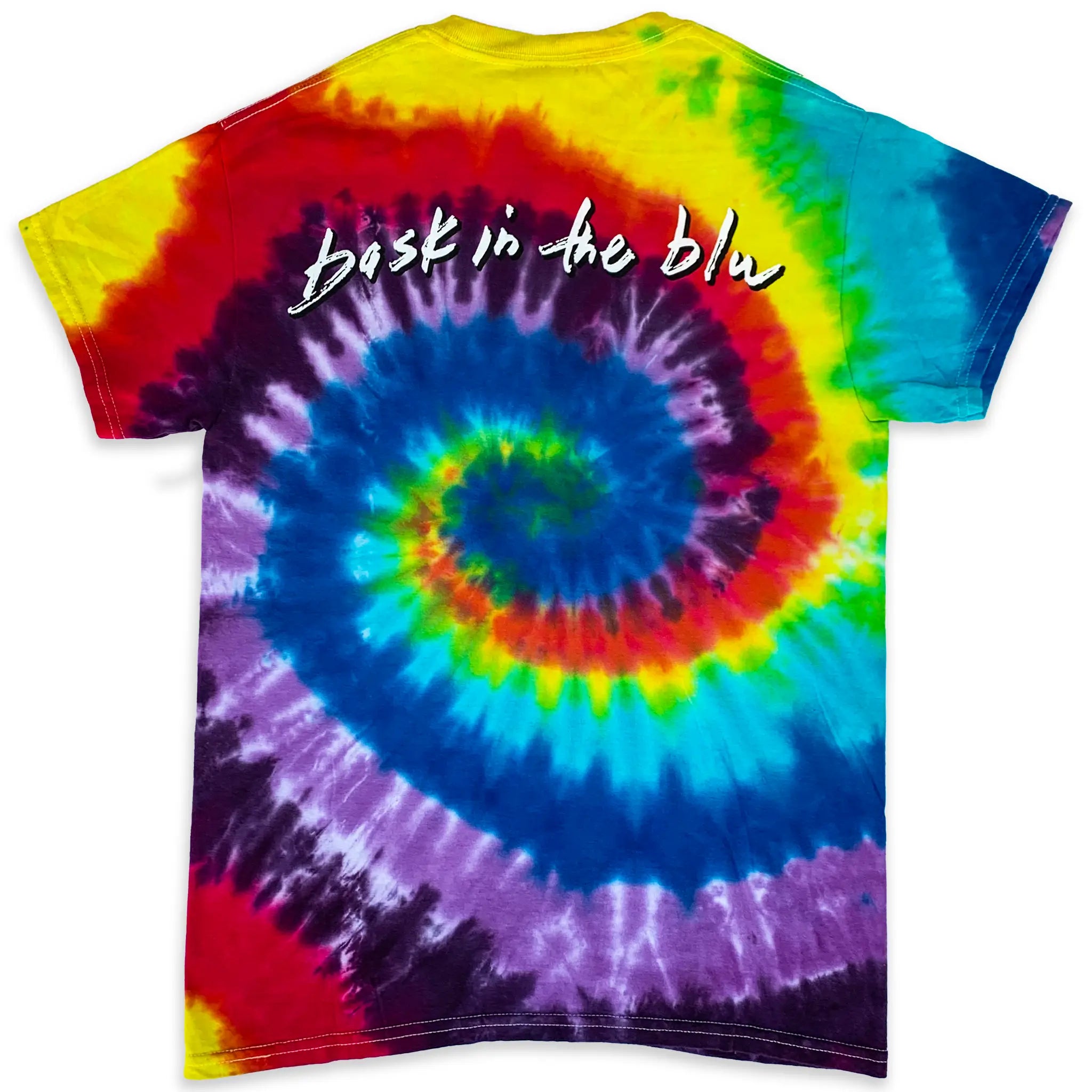Colorful tie-dye t-shirt with spiral pattern and 'bask in the blu' written in white on the back