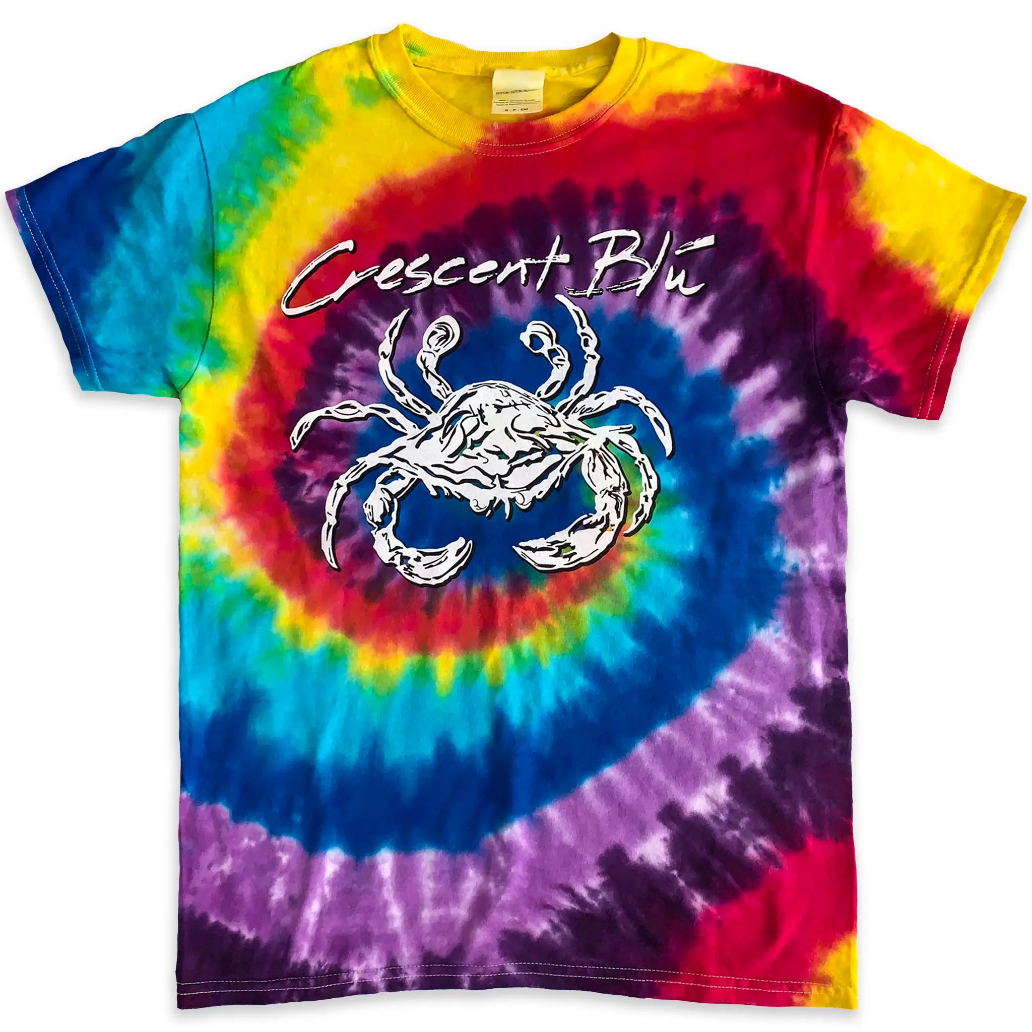 The front of a short sleeve multi-color tie-dye t-shirt with Crescent Blu written on the front above a white crab.