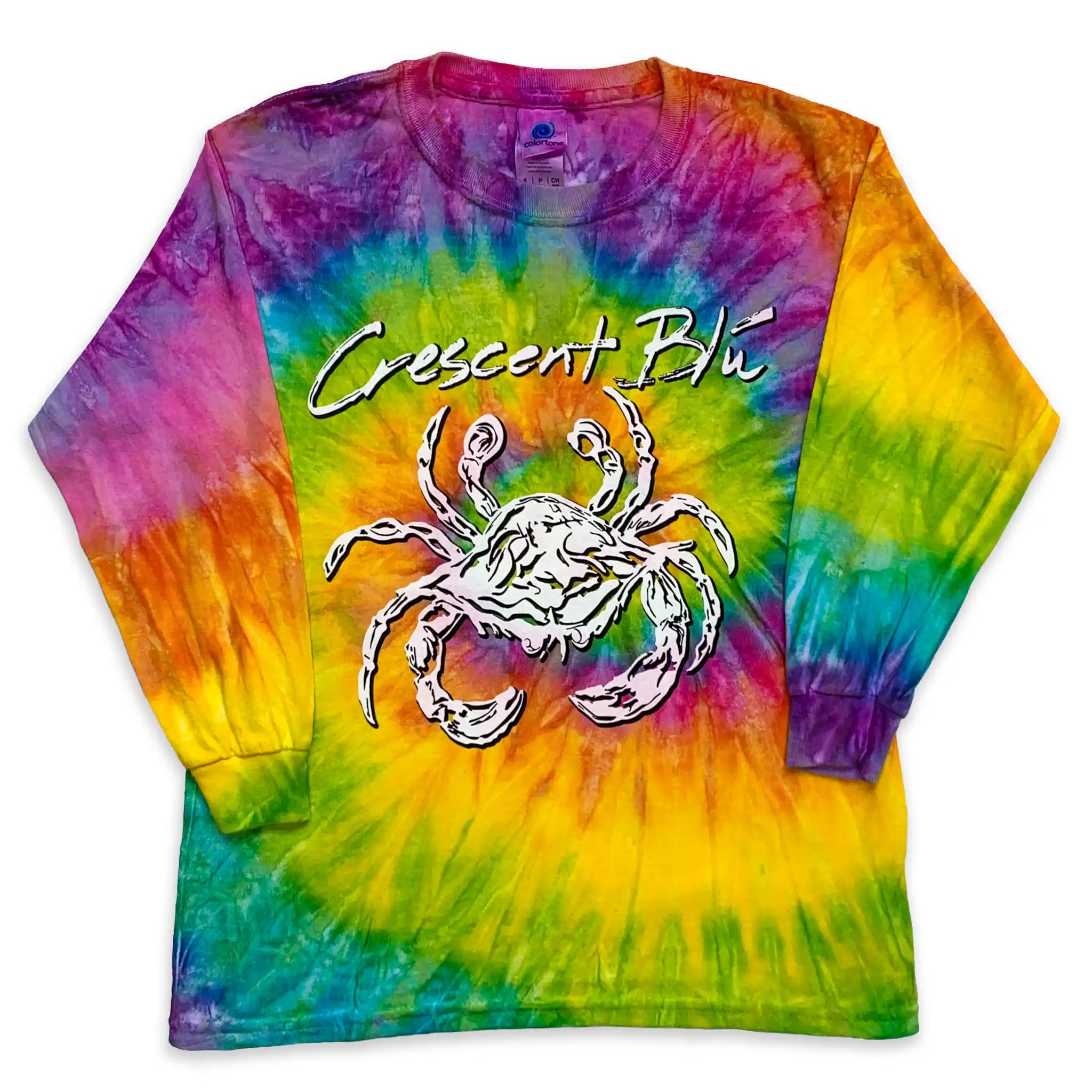 Colorful spiral tie-dye long-sleeve shirt with a crab graphic and 'Crescent Blu' text on the front
