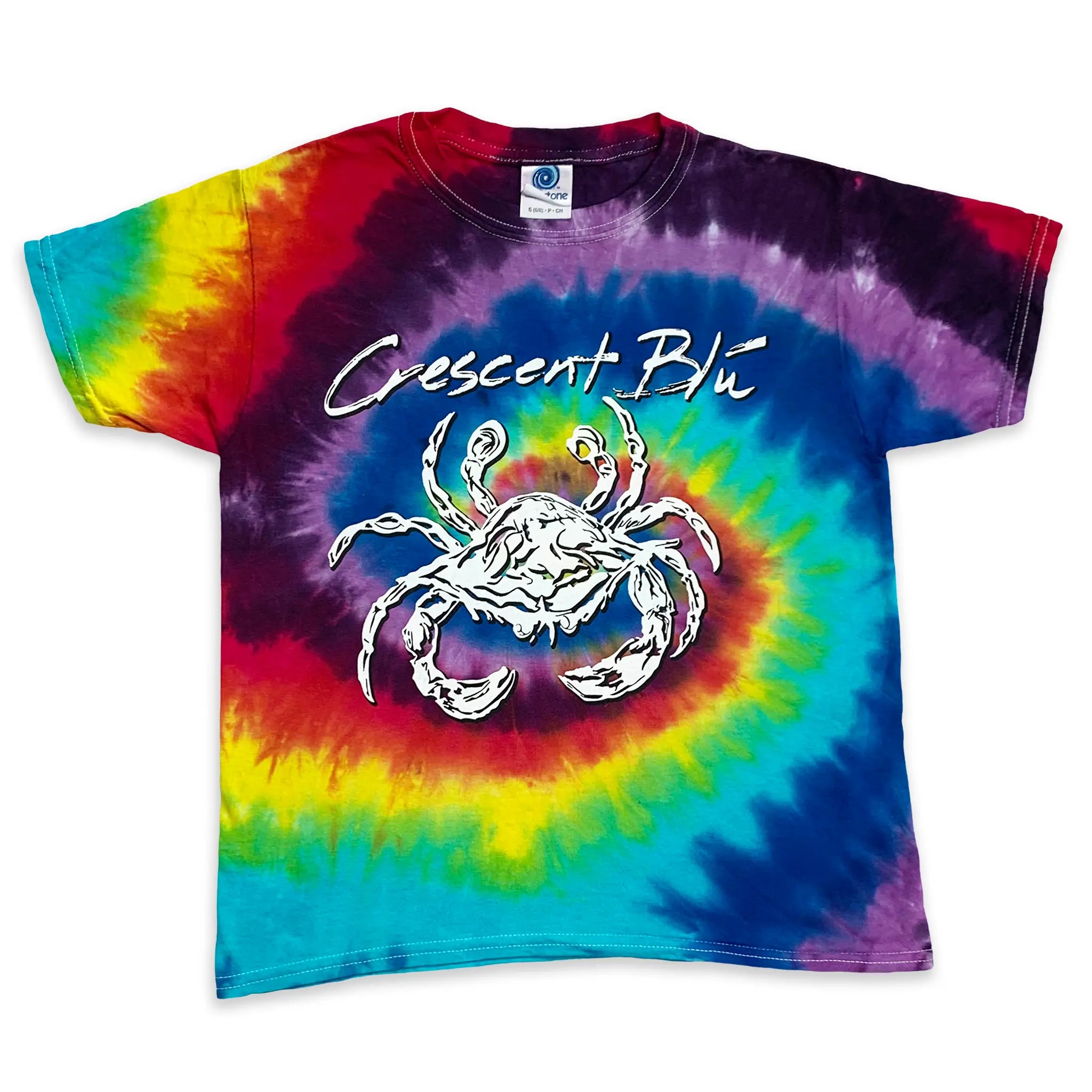 A kids tie-dye t-shirt with a crab design and 'Crescent Blu' text on a white background