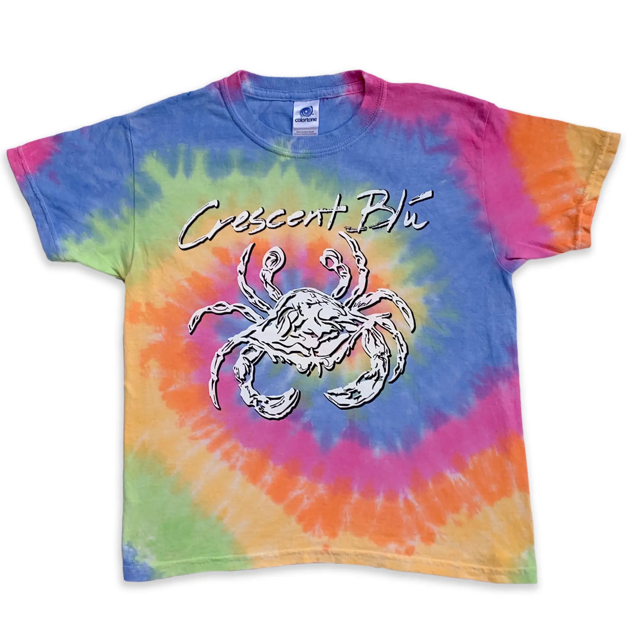 A kids classic pastel spiral tie-dye t-shirt with a white crab graphic and 'Crescent Blu' text on the front