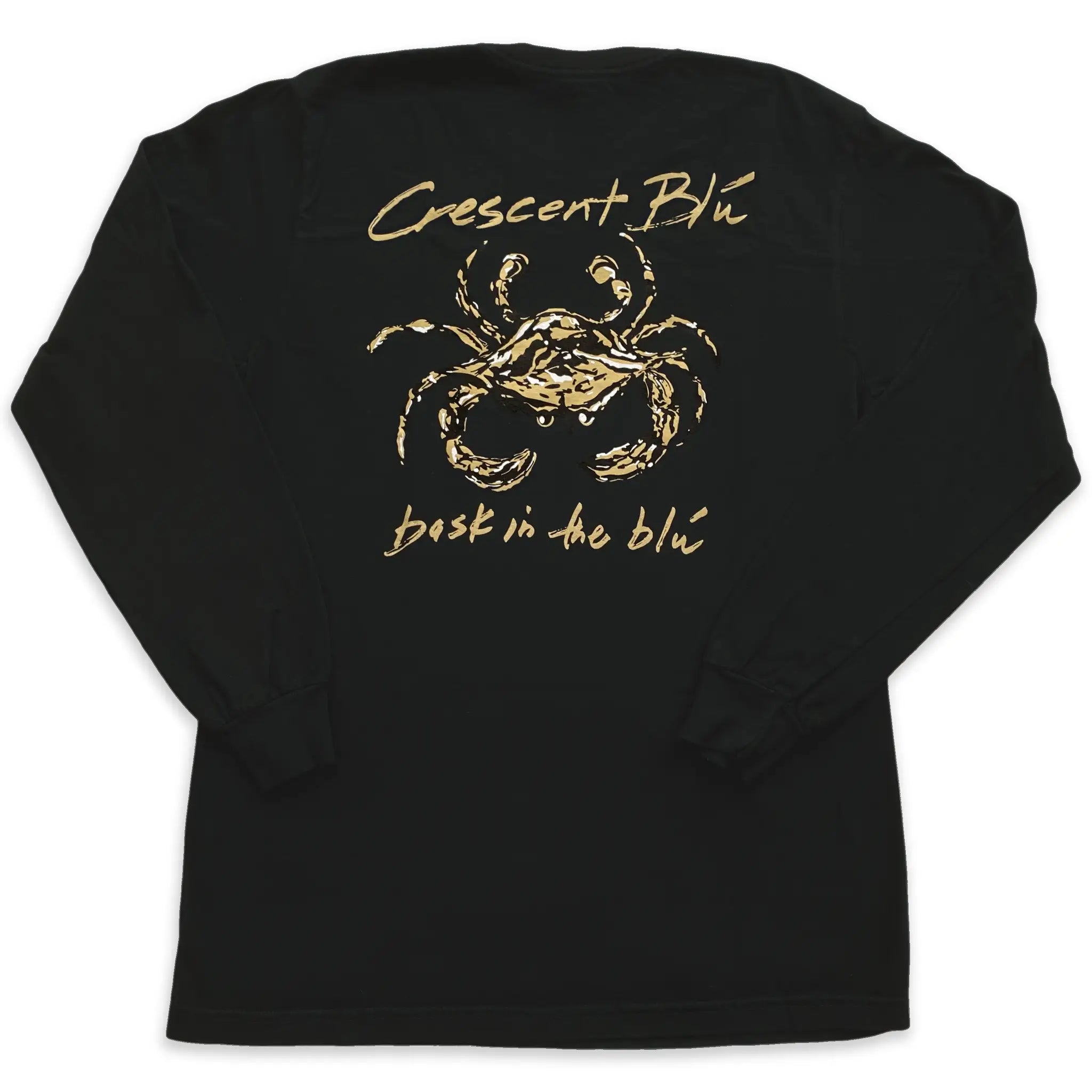 Back of a long sleeve black cotton t-shirt with a Crescent Blú Black & Gold Saints Crab on the back