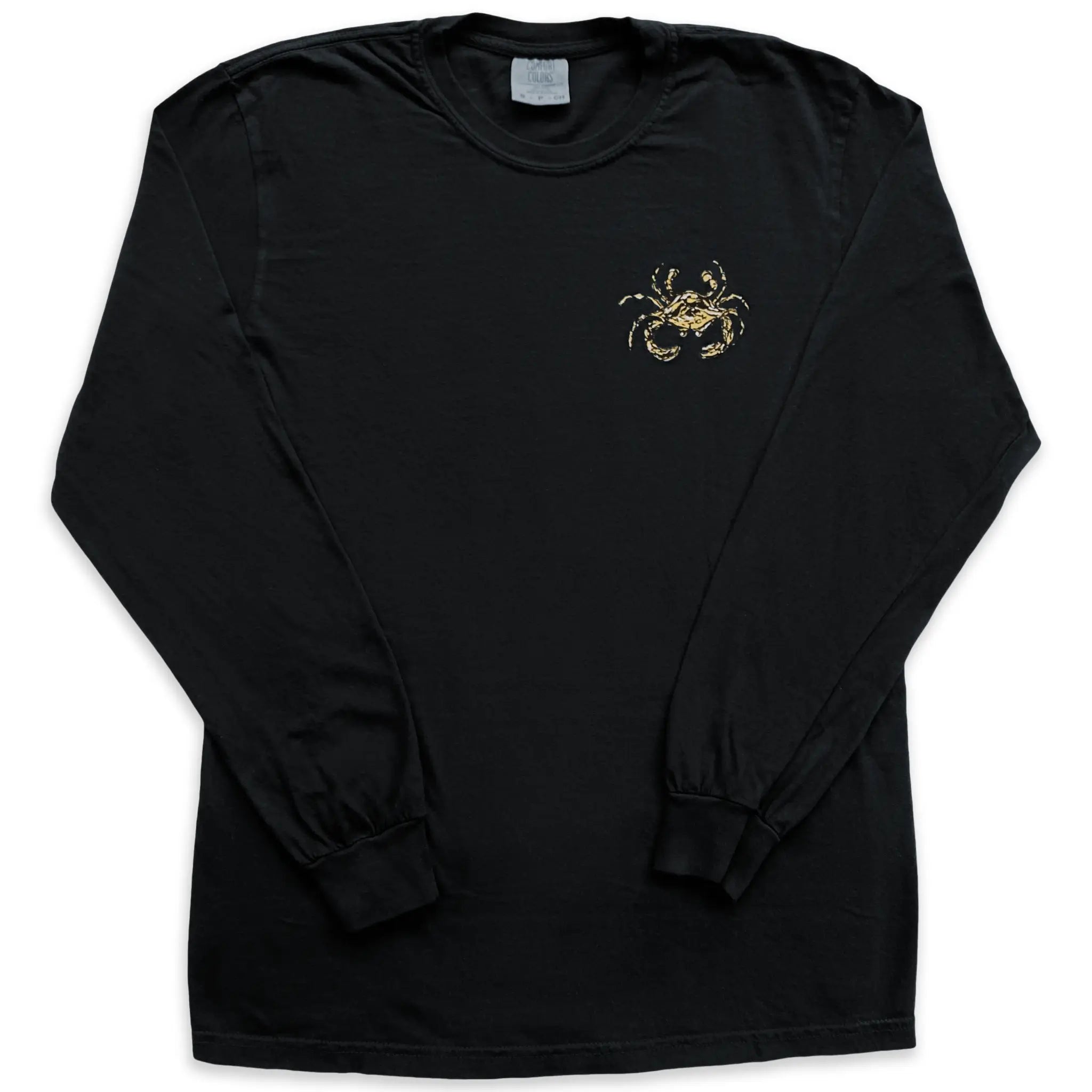 Front view of Crescent Blú Black & Gold Saints Crab long sleeve tee in black