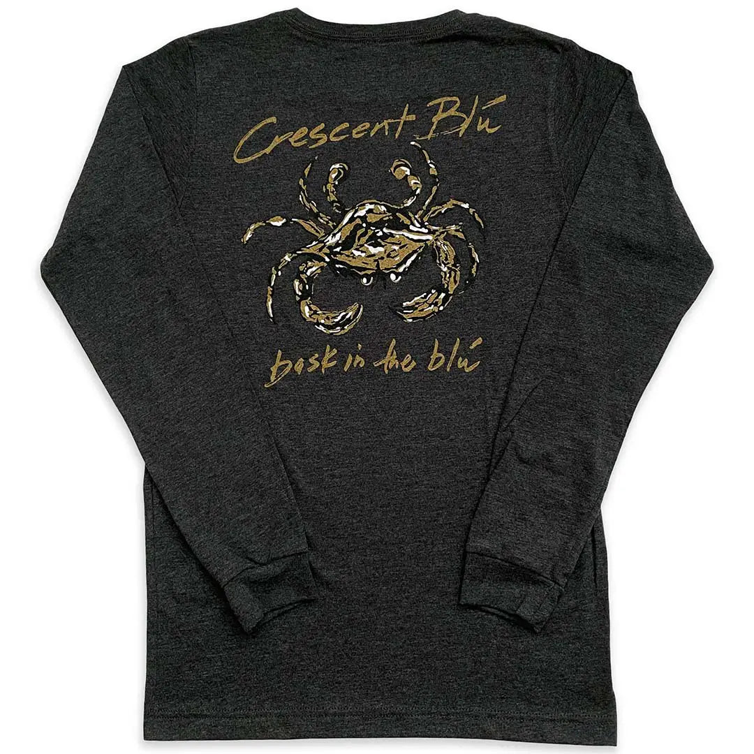 Front view of Crescent Blú Black & Gold Saints Crab long sleeve tee in dark gray heather