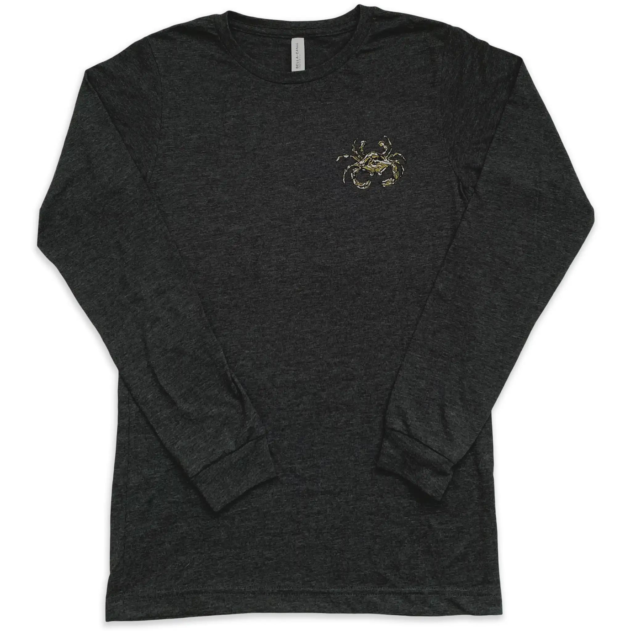 Front of a Crescent Blú Black and Gold Saints Crab t-shirt with long sleeves in dark heather gray