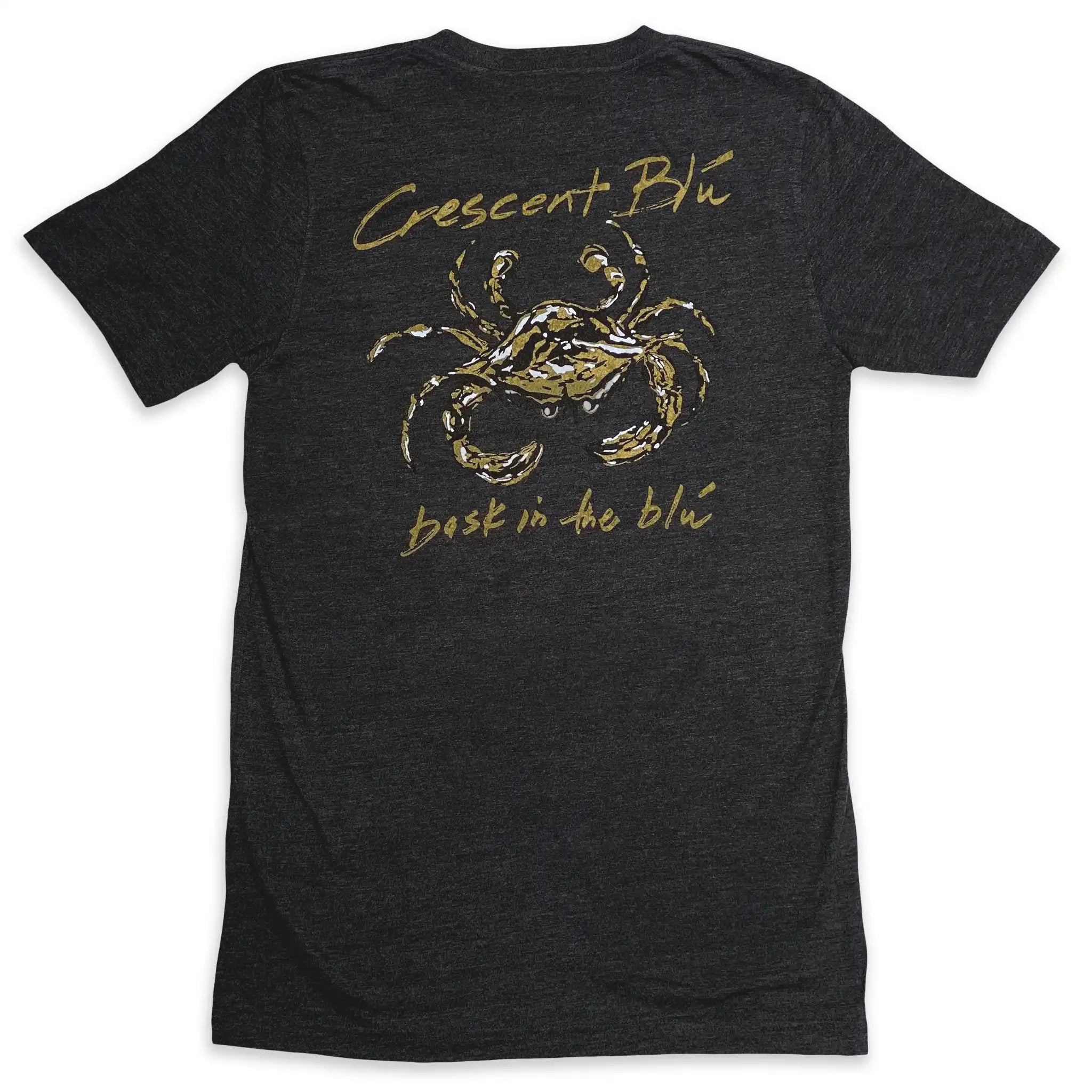 Back view of Crescent Blú Black & Gold Saints Crab short sleeve t-shirt in dark gray heather