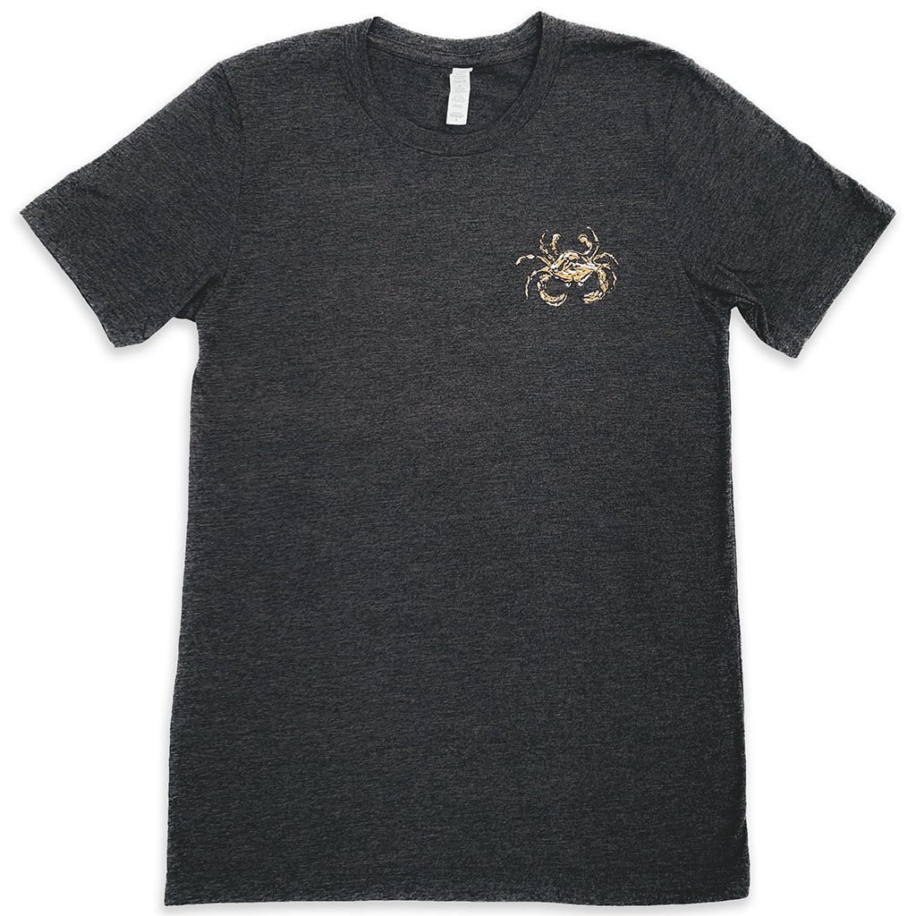 Dark gray heather t-shirt with a Saints colored crab logo on the left chest